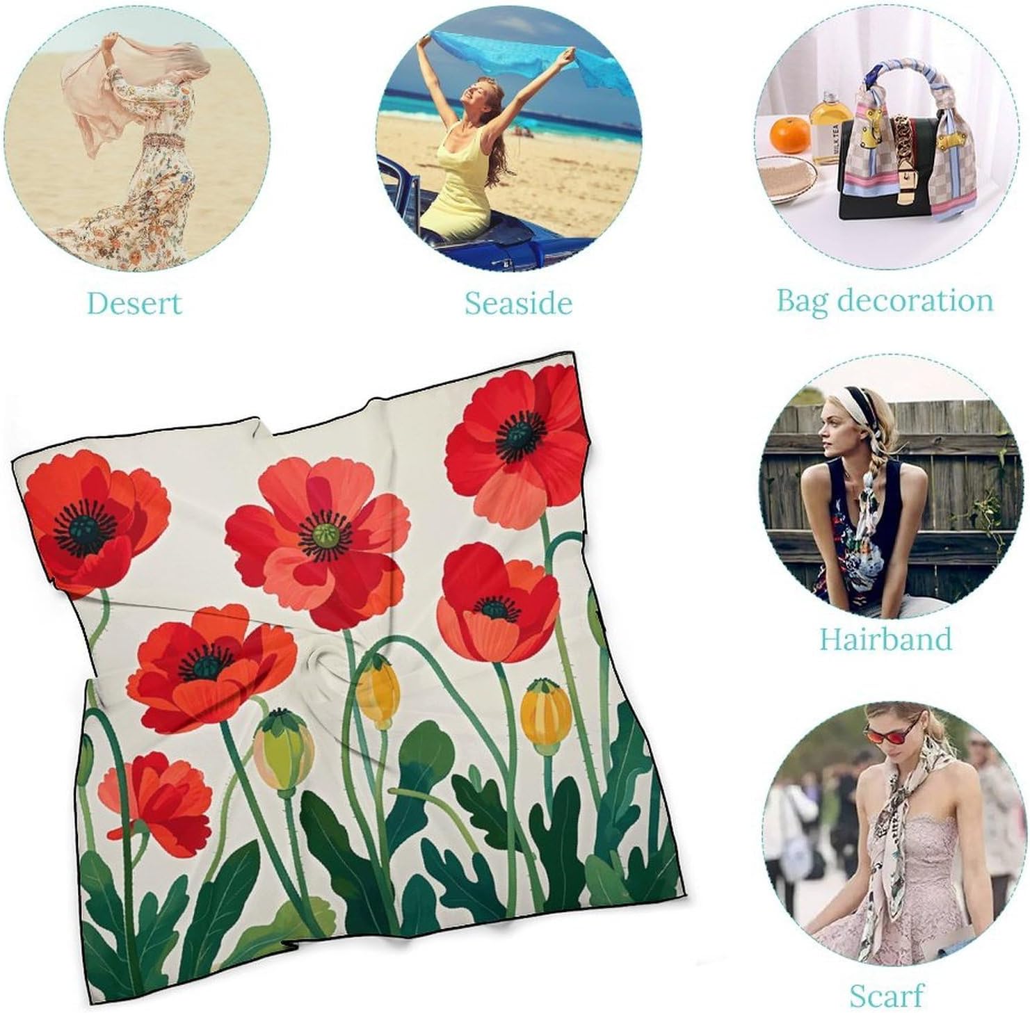 Poppy Flowers Hair Scarf for Women, Lightweight Square Head Shawls for Men, Fashion Neckerchief for Travel, Hair Bandanas, Silk Satin Neck Scarf for Sleeping, 27 Inches
