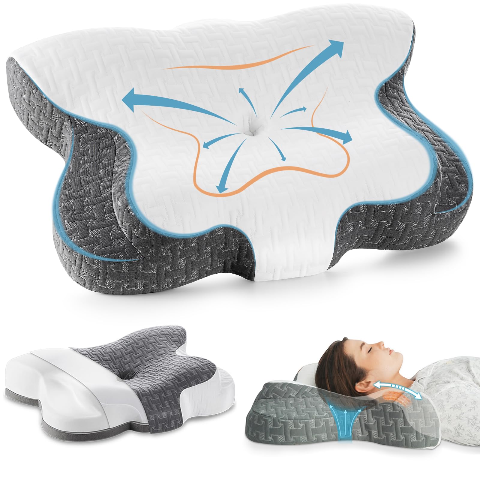 Elviros Cervical Memory Foam Pillow, Ergonomic Orthopedic Deep Sleep Neck Pillow, Adjustable Groove Bed Pillow with Washable Cover for Side Back and Stomach Sleepers (White)