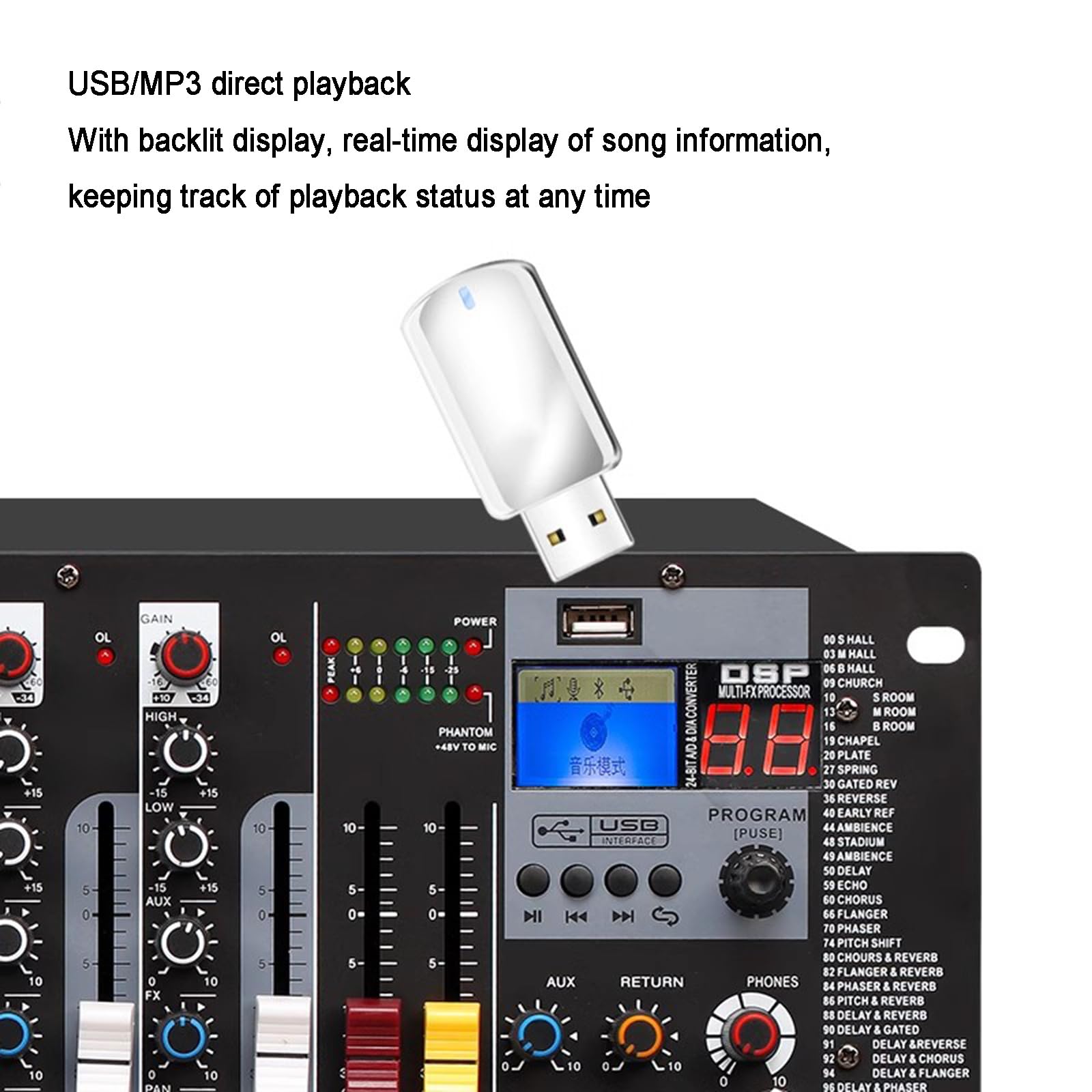 Mikser liniowy stereo, przedwzmacniacze mikrofonowe z 8 wejściami, mikser audio do montażu w szafie, 3-pasmowy korektor na kanał, obsługa odtwarzania USB/MP3, wejścia XLR, do studia