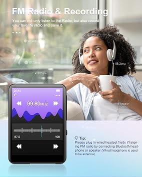 64GB MP3 Player with Bluetooth 5.3, Portable Digital Lossless Music Player with Built-in Speaker, 2.4 in Full Touch Screen, FM Radio, Line-in Voice Recorder, Earphones Included, Support up to 128GB