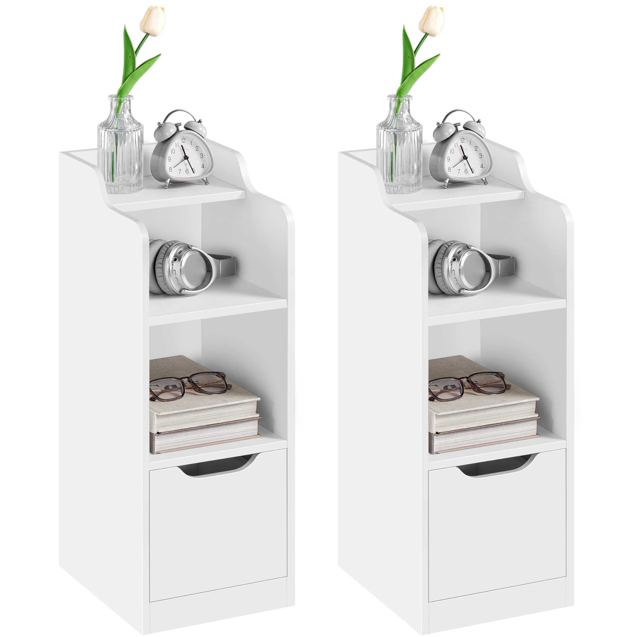Yaheetech Nachttisch Schmal 2er Set, Beistelltisch Nachtschrank mit Schublade und 3 Etagen Stauraum, Moderner Nachttisch für Schlafzimmer, Wohnzimmer, B25 x T30 x H65 cm, Weiß