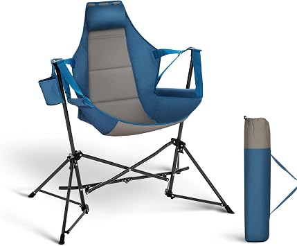 ALPHA CAMP Hammock Folding Rocking Chair with Cup Drink Holder, High Back Padded Swinging Chair for Outdoor,Camping, Lawn,Backyard,Picnic, Steel, Heavy Duty Portable OversizedBlue