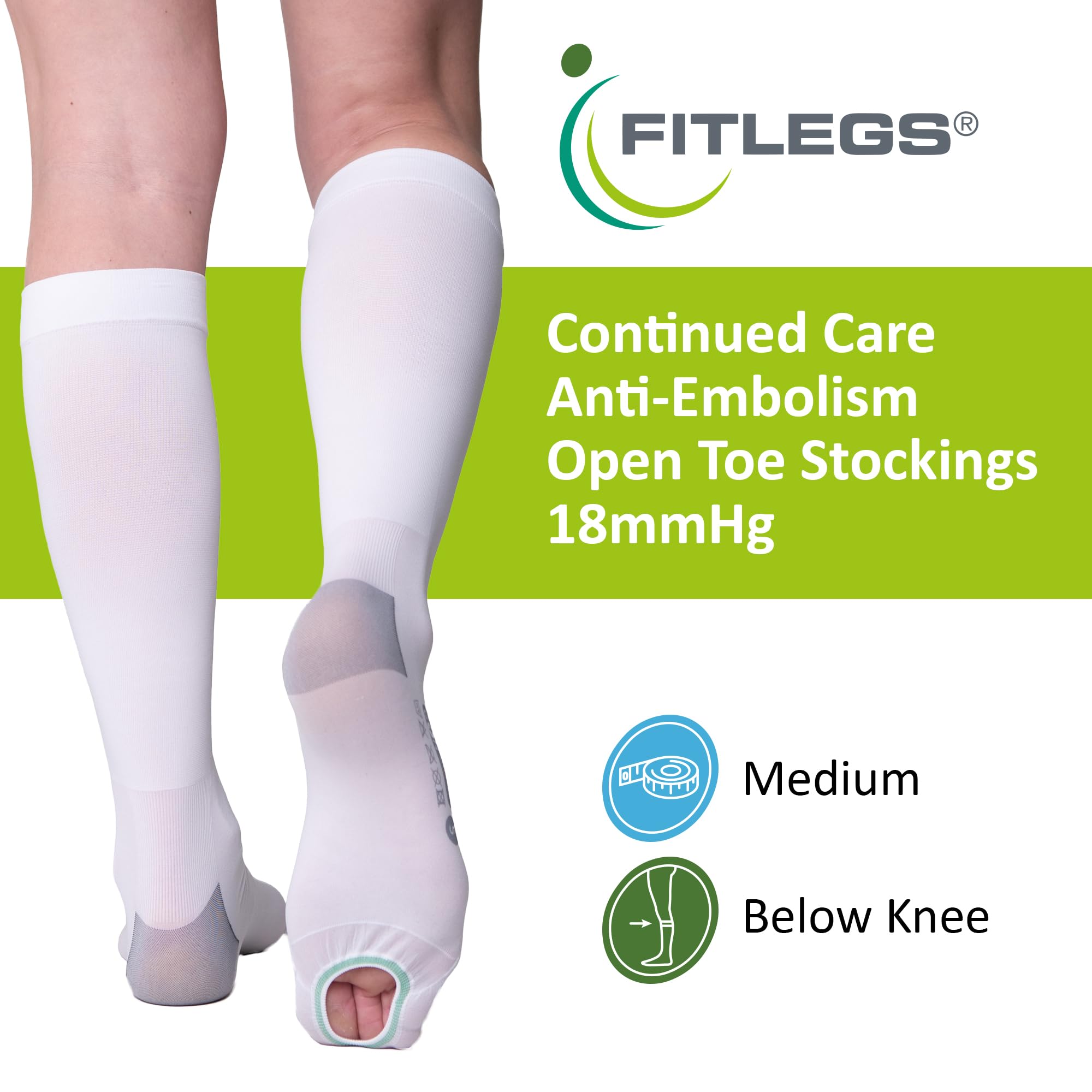 FITLEGS - Open-Toe Compression Stocking - 18mmHg AES DVT Prevention - Below Knee, Medium, White - Image 2