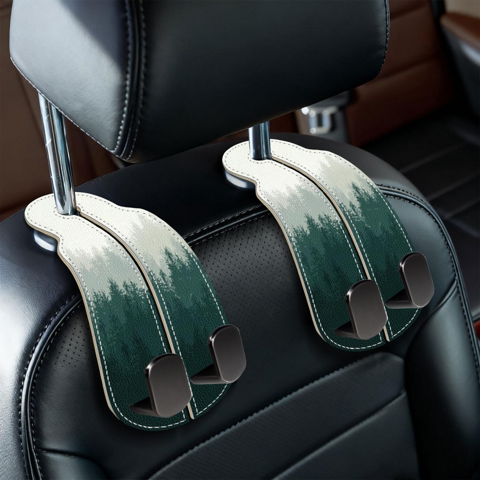 Blusabaca 2PCS Car Seat Back Storage Headrest Hooks, Forest Trees Purse Holder Bags Hanger, PU Leather Double Metal Hook for Backseat Organizer, Women
