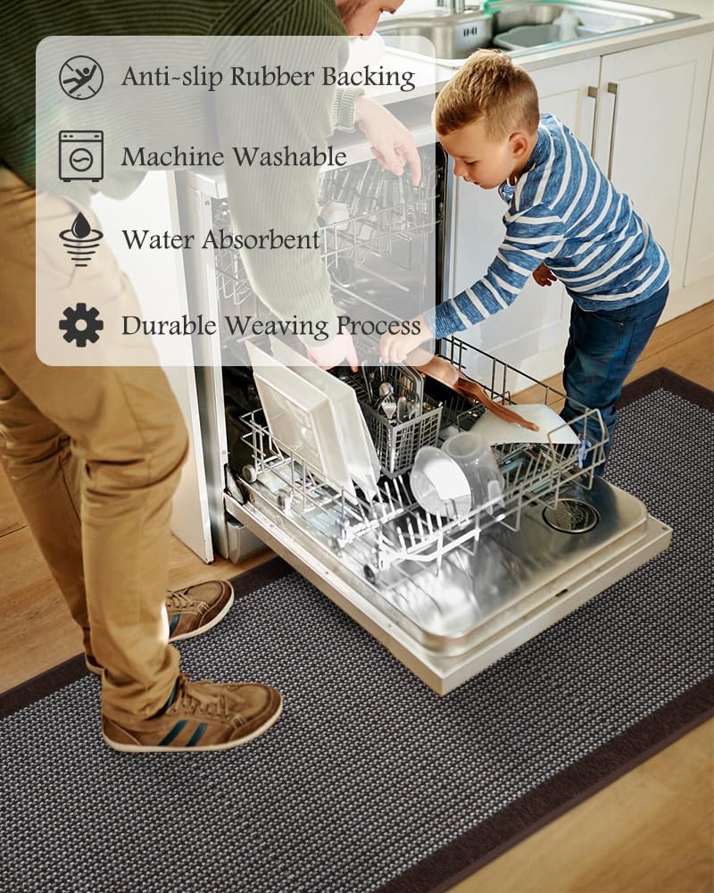 PADOOR Non Slip Kitchen Rugs Sets of 2 - Extra Large 2.5'x6' + 20"x32" Runner Rugs for Kitchen Floor Non Skid Washable, Absorbent Kitchen Mat for in Front of Sink 2 Piece Dark Brown