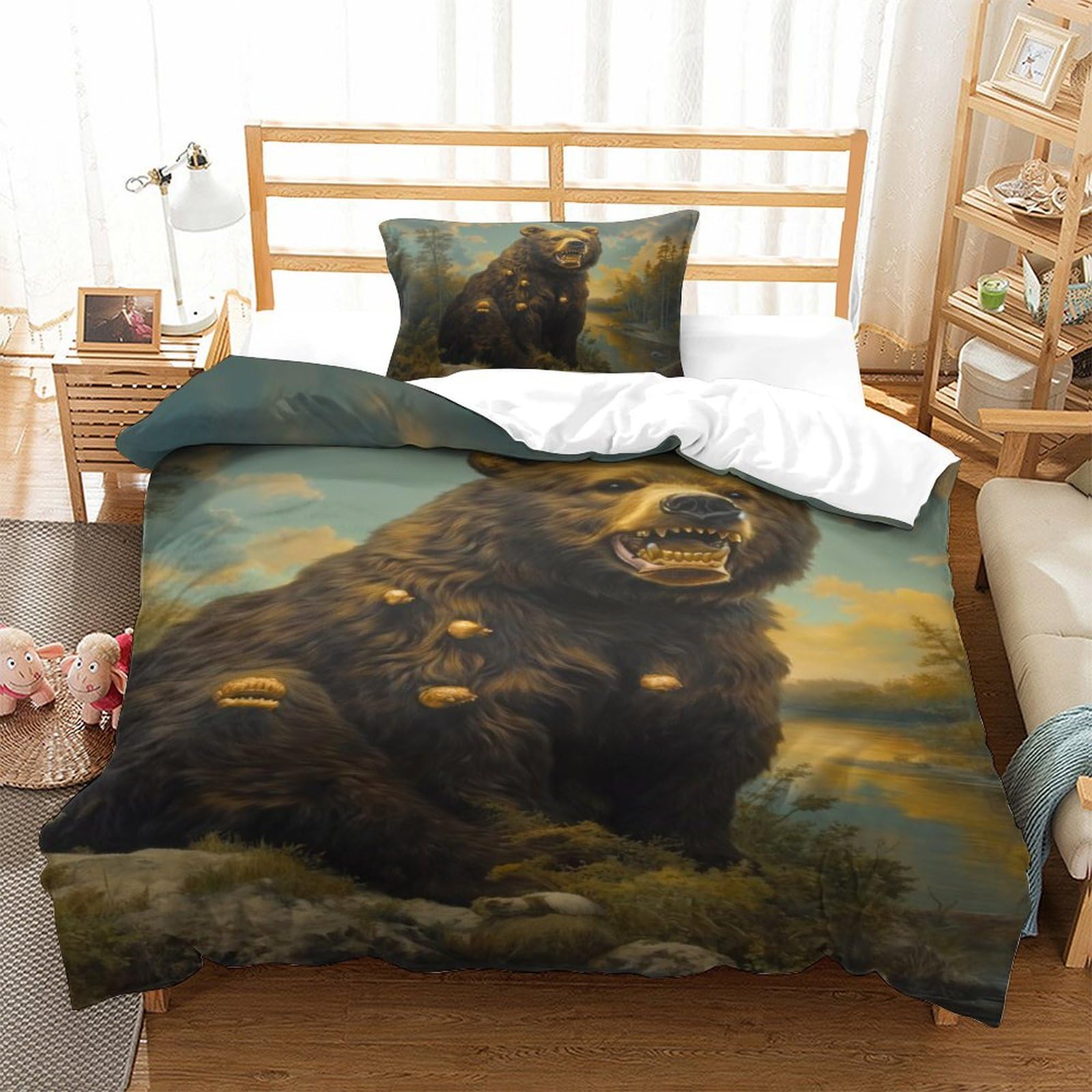 Parure de lit ours 3D en microfibre 135x200cm pour chambre d'enfant