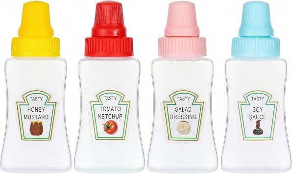 4PCS Mini Ketchup Bottles, 25ml Sauce Squeeze Bottles with Leakproof Screw Cap, Portable Salad Dressing Containers, Small Sauce Dispensers for Soy Sauce, Honey, Condiments