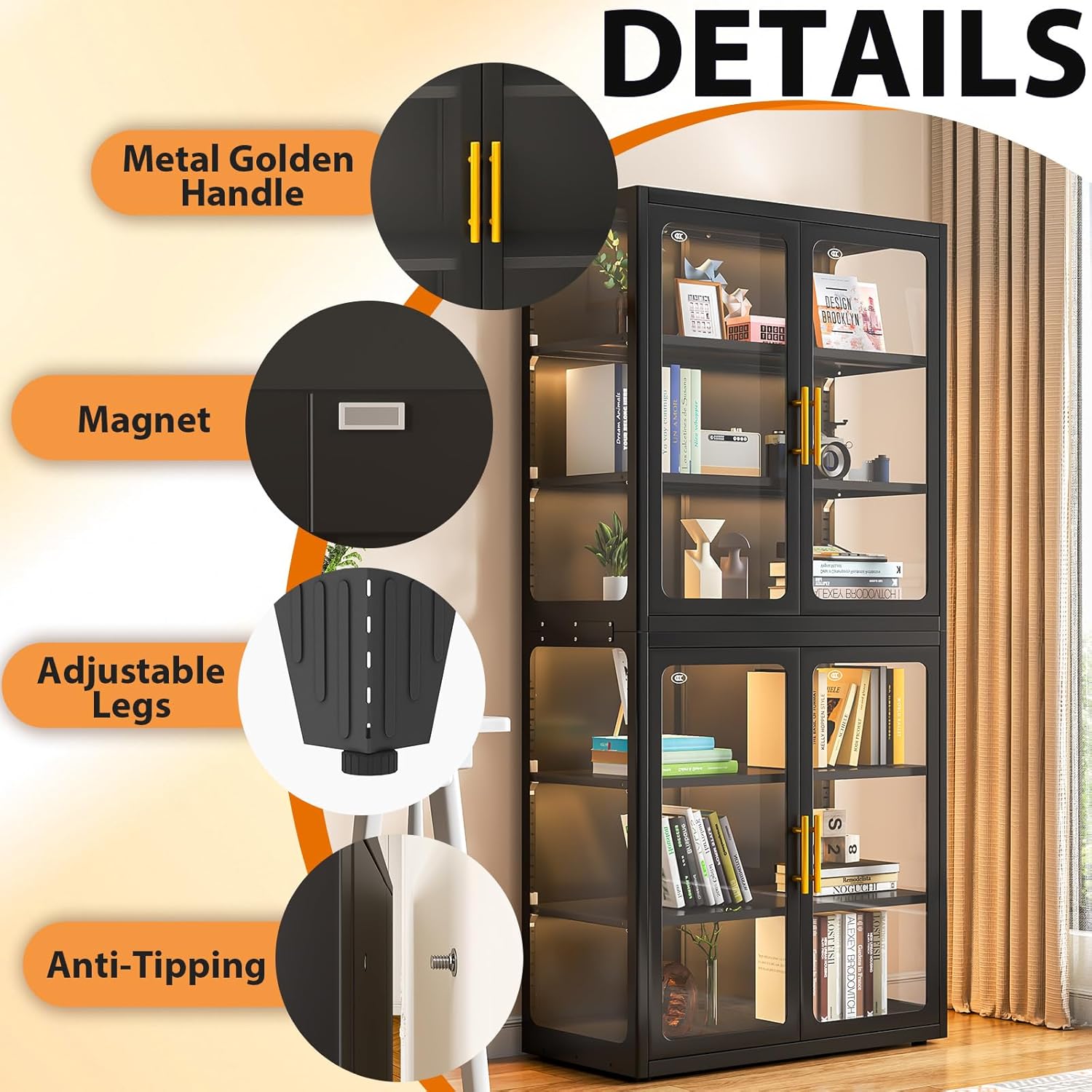Display Cabinet with Glass Doors, 6-Tier 67" Curio Cabinet with Multi-Color LED Lights and 4 Adjustable Shelves, Glass Display Case for Collectibles, Bookcase,Metal Storage Cabinets (Black, 67"H)