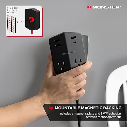 Miniatura 3 de Monster Power Shield Extensor de toma de corriente de pared magnético, enchufe de pared múltiple con 2 tomas de CA, 3 puertos USB-A y 1 puerto USB-C