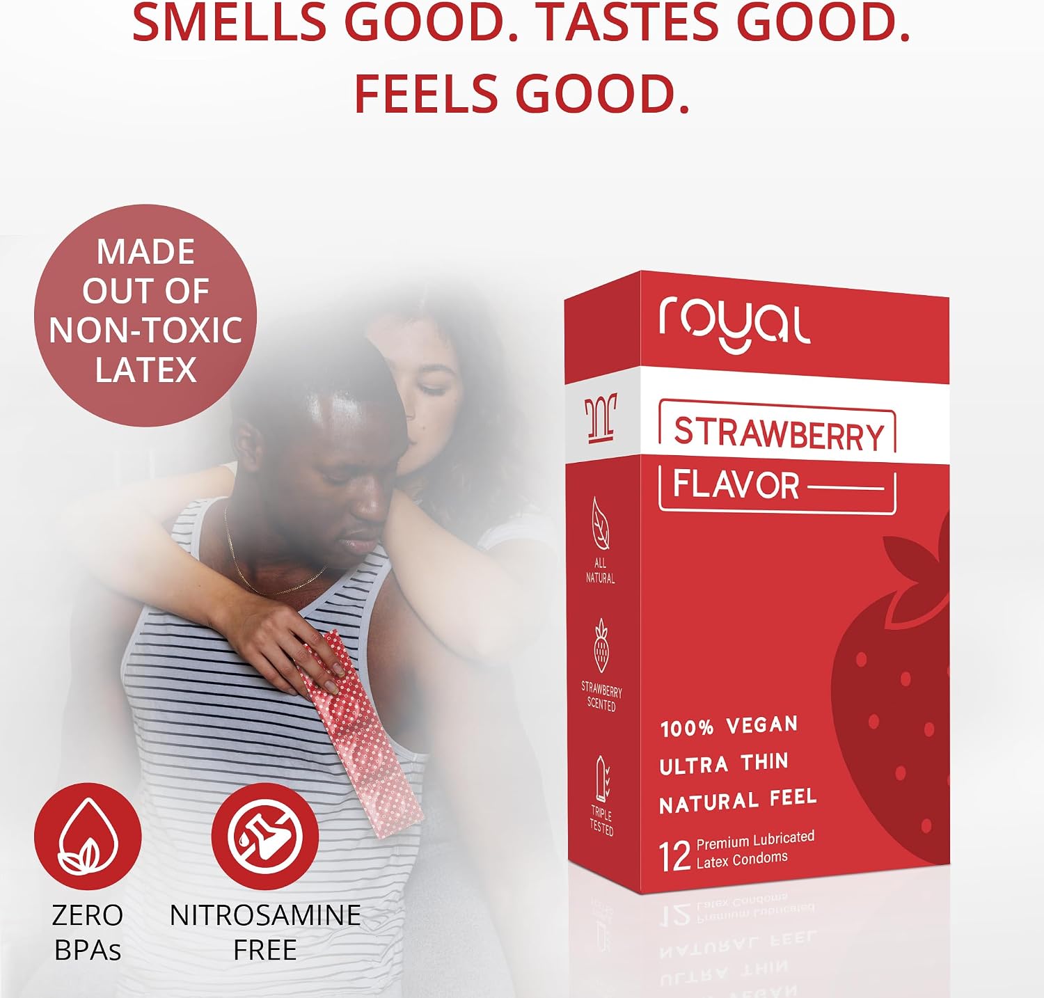 Royal Strawberry Flavored Tailored Fit Ultra-Thin Natural Latex Condoms - Premium Lubricated - Strong, Non-Toxic Latex - Organic, Vegan, Slim, Snug Fit - Safe & Durable Male Contraceptives – 12 Count