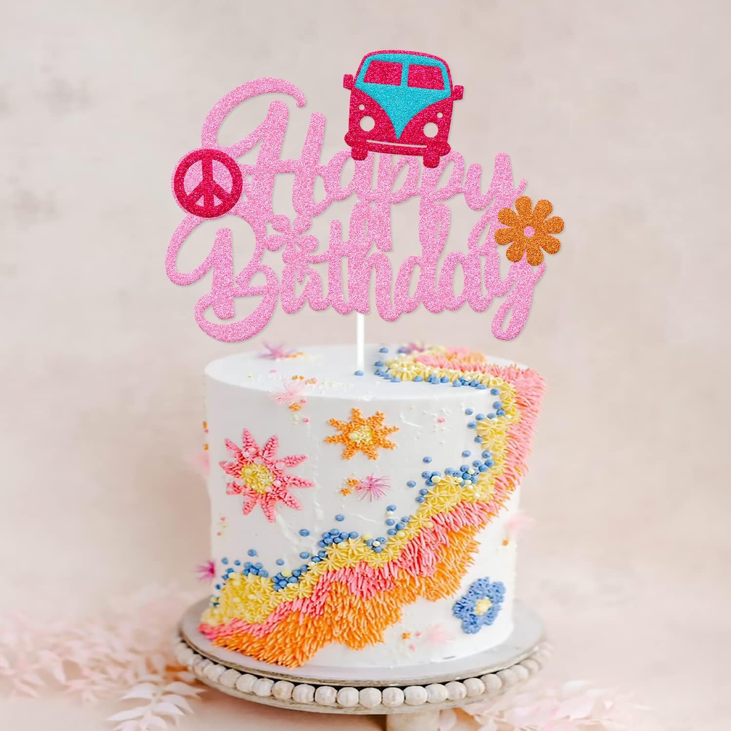 Hippie Cake Decorations Happy Birthday Groovy Cake Topper Hippie Boho Flower 60s Theme for Girl Two Groovy/One Groovy Women Birthday Party Supplies