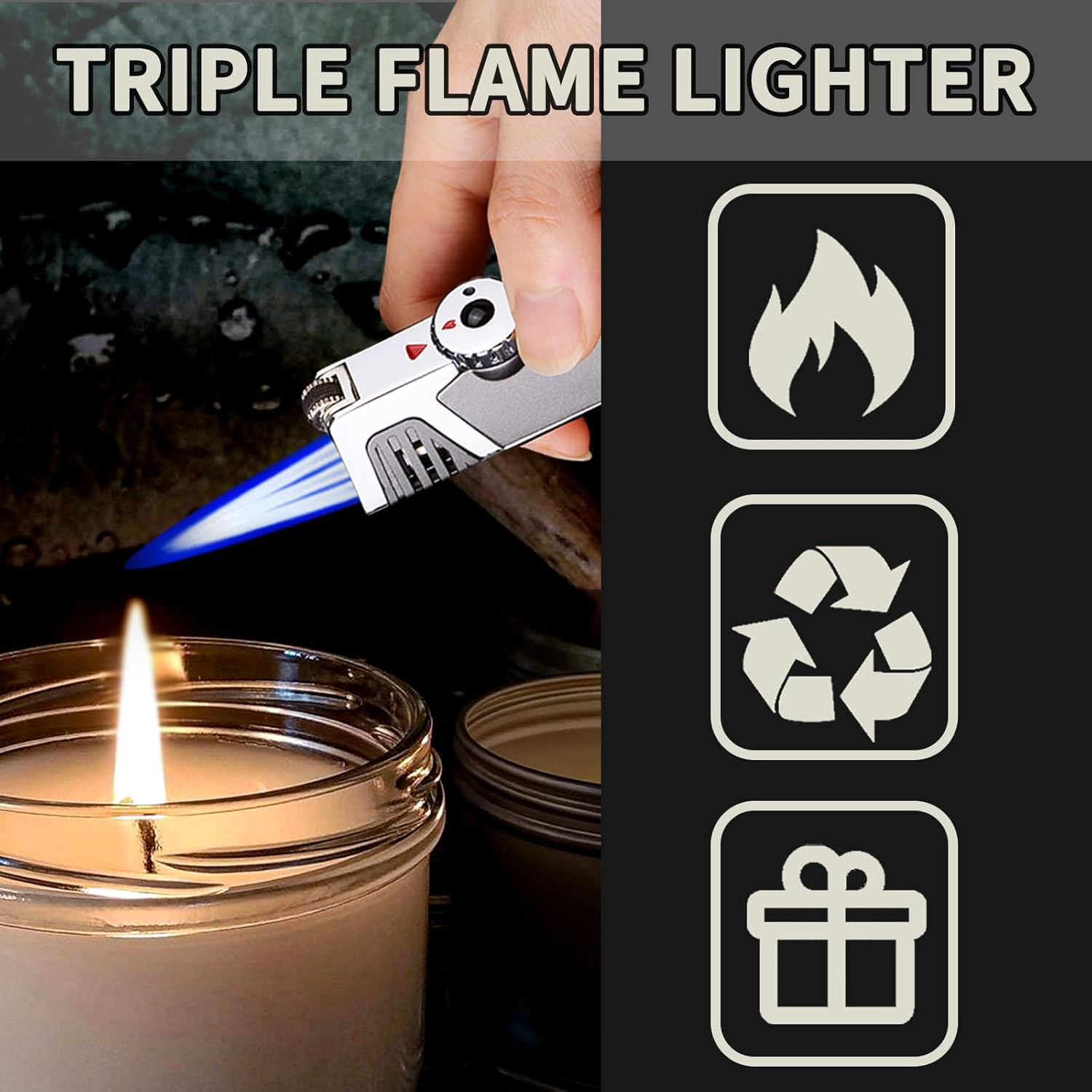 WEQTETJU Portable Flint Lighter, Metal Triple Jet Torch Lighter, Refillable Jet Lighters, Unique Gifts for Men Lighters for Candle Hiking Gear(No Butane Fuel) (#5)