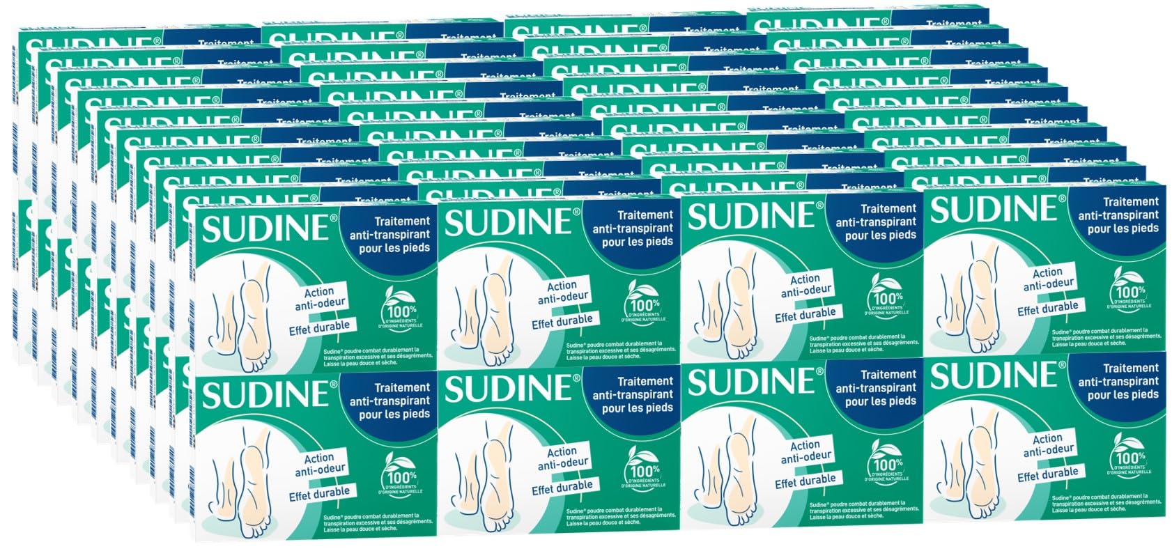 Lot de 80 - Sudine Poudre Traitement Anti-transpirant - Pied - Régule la transpiration - Absorbe - Prévient les mycoses - Sans sels d’aluminium - Fabriqué en France - Boite 6 sachets-doubles