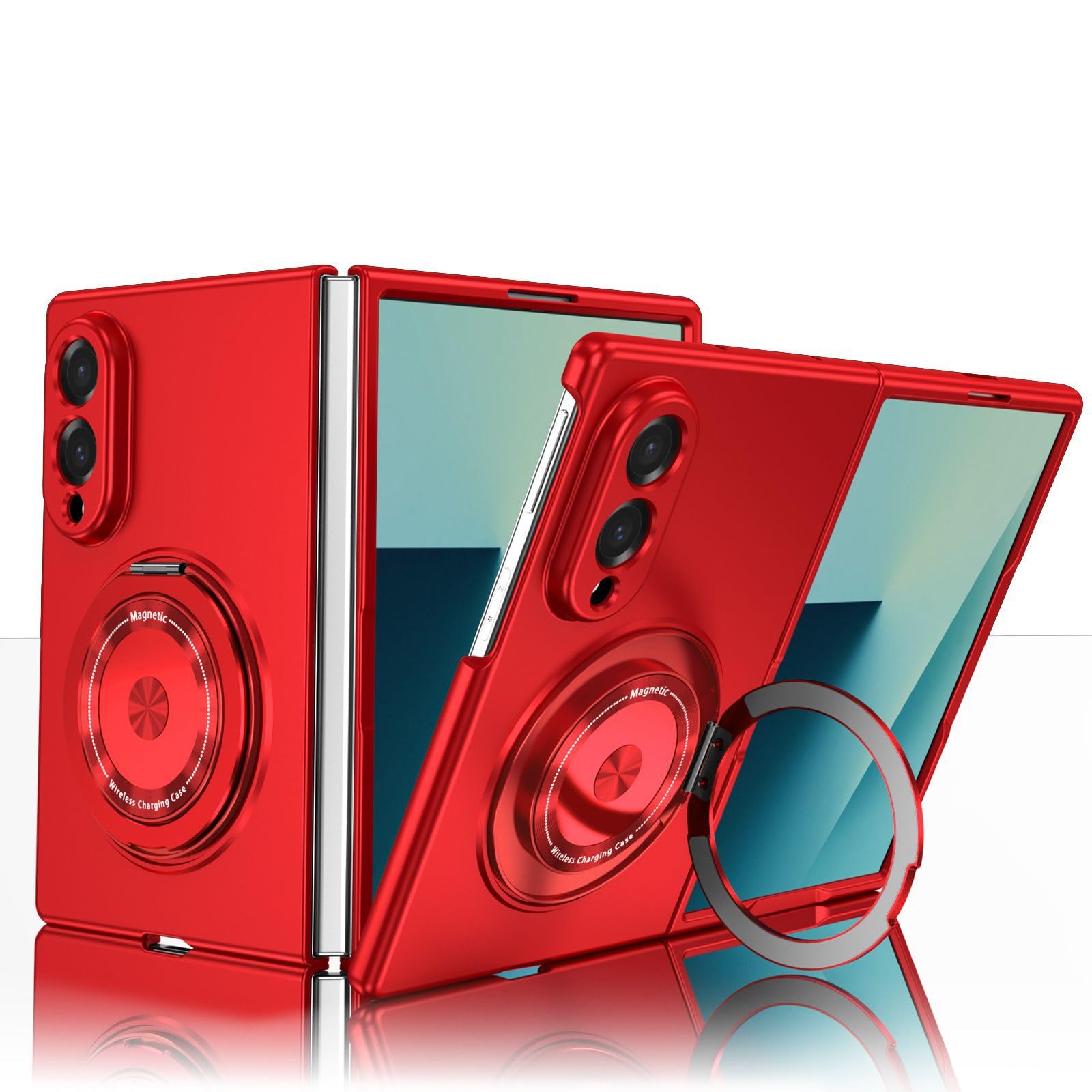 Coque Militaire for Samsung Galaxy Z Fold 8, Protection D'écran Antichoc, Ventouse Magnétique, Anneau Rotatif, Protection De Lentille, Bord Surélevé, Coque Cool PC Anti-Traces De Doigts(Red)