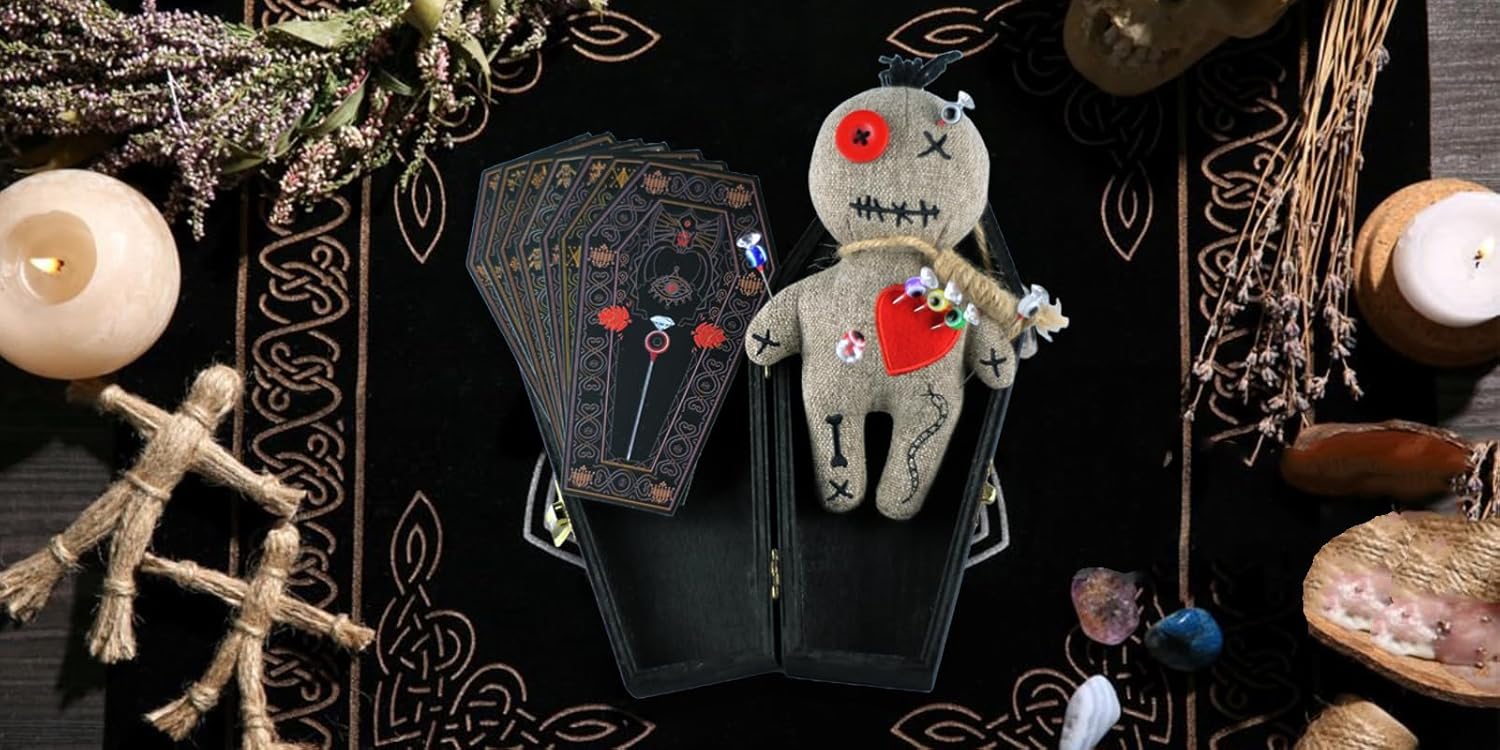 Ayidawedo®Authentic LOA Voodoo Doll Kit Include Spell Cards and Stress Relief Pins in Wooden Coffin Box - Gag Gift Complete Set