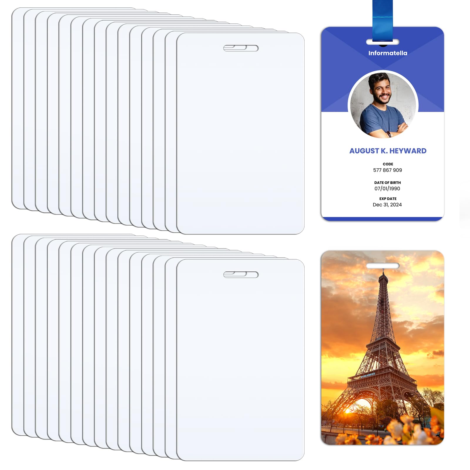 Lainballow 32 Pcs Sublimation ID Badge Blanks, Aluminum Sublimation Luggage Tag, Double Sided Keychains Blanks with Slots, Metal ID Cards Name Tags for Business Office Products DIY Items