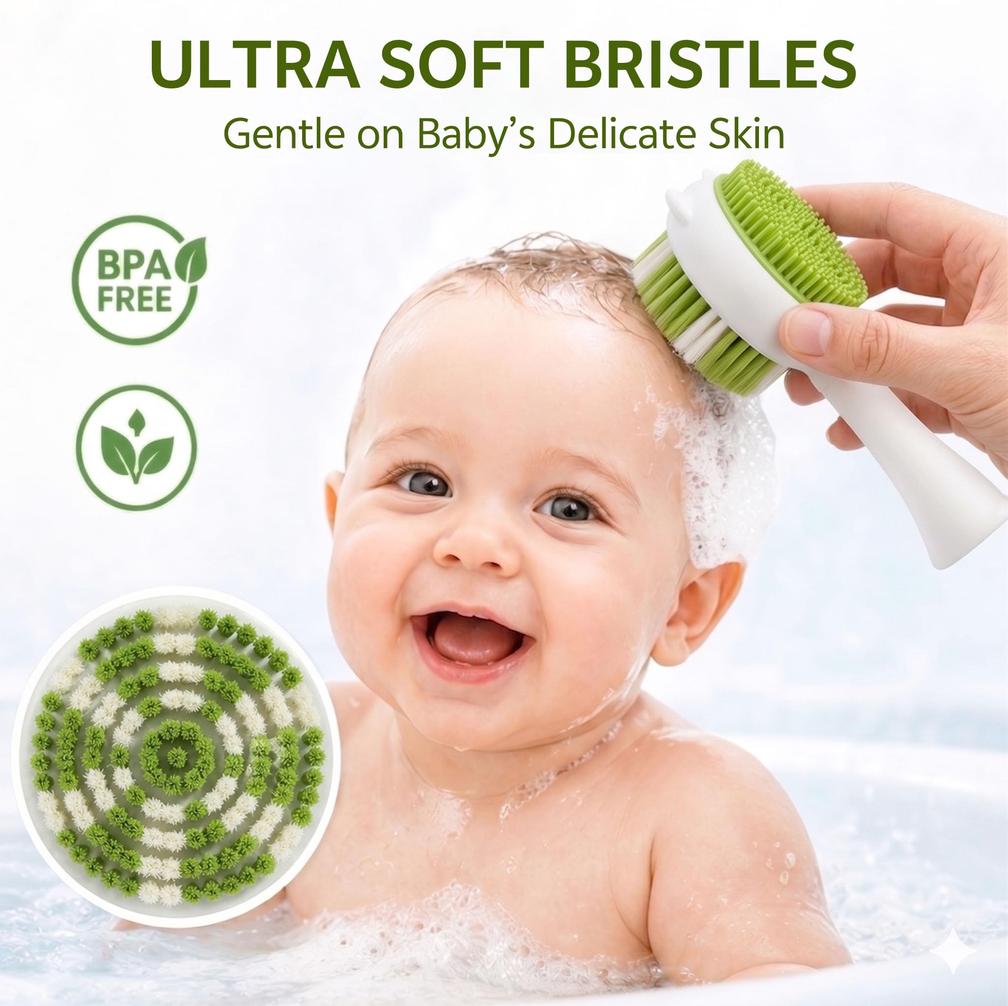 Juego de cepillo y peine de doble cara para bebé, cepillo de baño ultra suave 2 en 1 para recién nacido, cerdas que no se desprenden y cepillo de masaje de silicona, sin BPA, suave para la piel