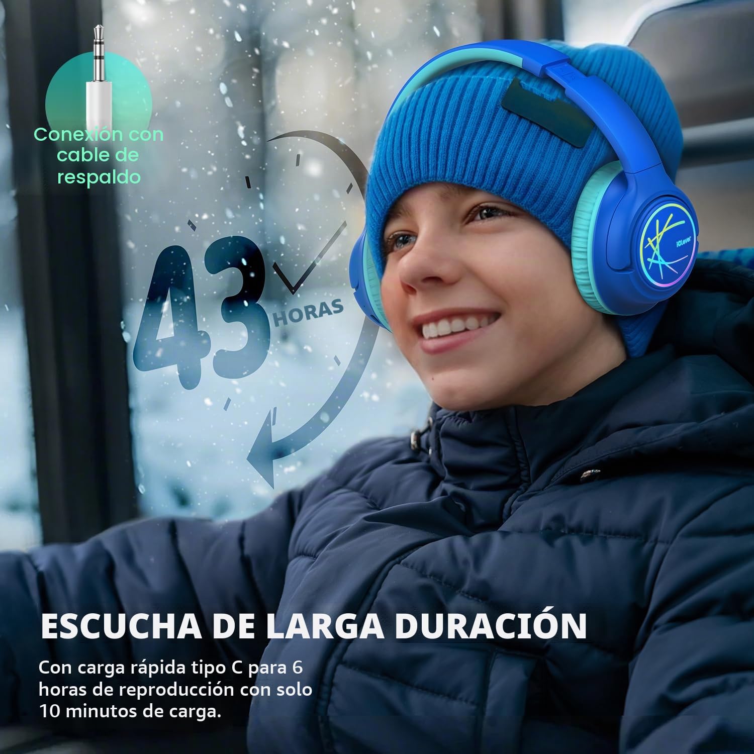 iClever Auriculares Bluetooth Niños con Luces LED 74/85/94dB Limitador de Volumen 43 Horas de reproducción Sonido Estéreo Tipo-C Bluetooth5.3 Auriculares para Niños para Tablet/Viaje Azul