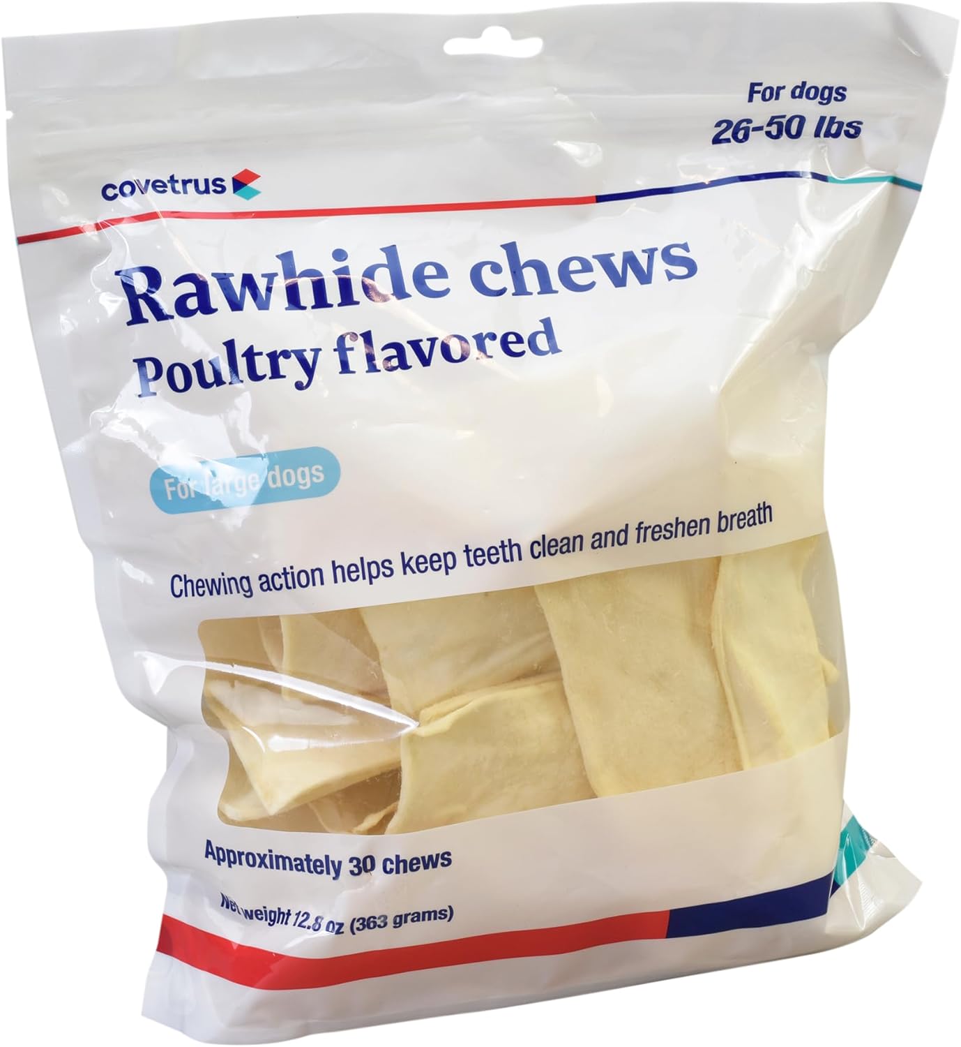 Covetrus Dental Rawhide Chews for Large Dogs 25-50 lb, Large Oral Care Treats to Help Reduce Plaque & Tartar, Freshen Breath, 30 Count