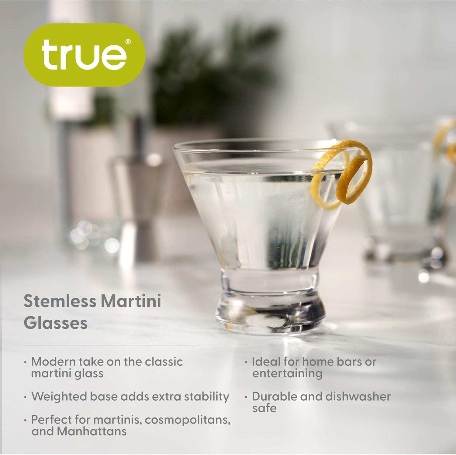 True Stemless Martini Glasses, Set of 4, 8 oz Modern Cocktail Glasses for Martinis, Manhattans, Cosmopolitans, Cocktail Glass Set, Dishwasher Safe, 8 oz, Set of 4
