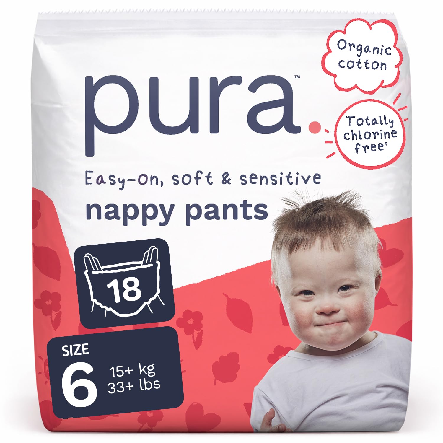Pura Nappy Pants Size 6, 18 Count, 15kg+, 360° Stretch Fit, Potty Training Pants for Hypoallergenic & Sensitive Skin, Up to 12 Hours Overnight Leak Protection, Totally Chlorine Free