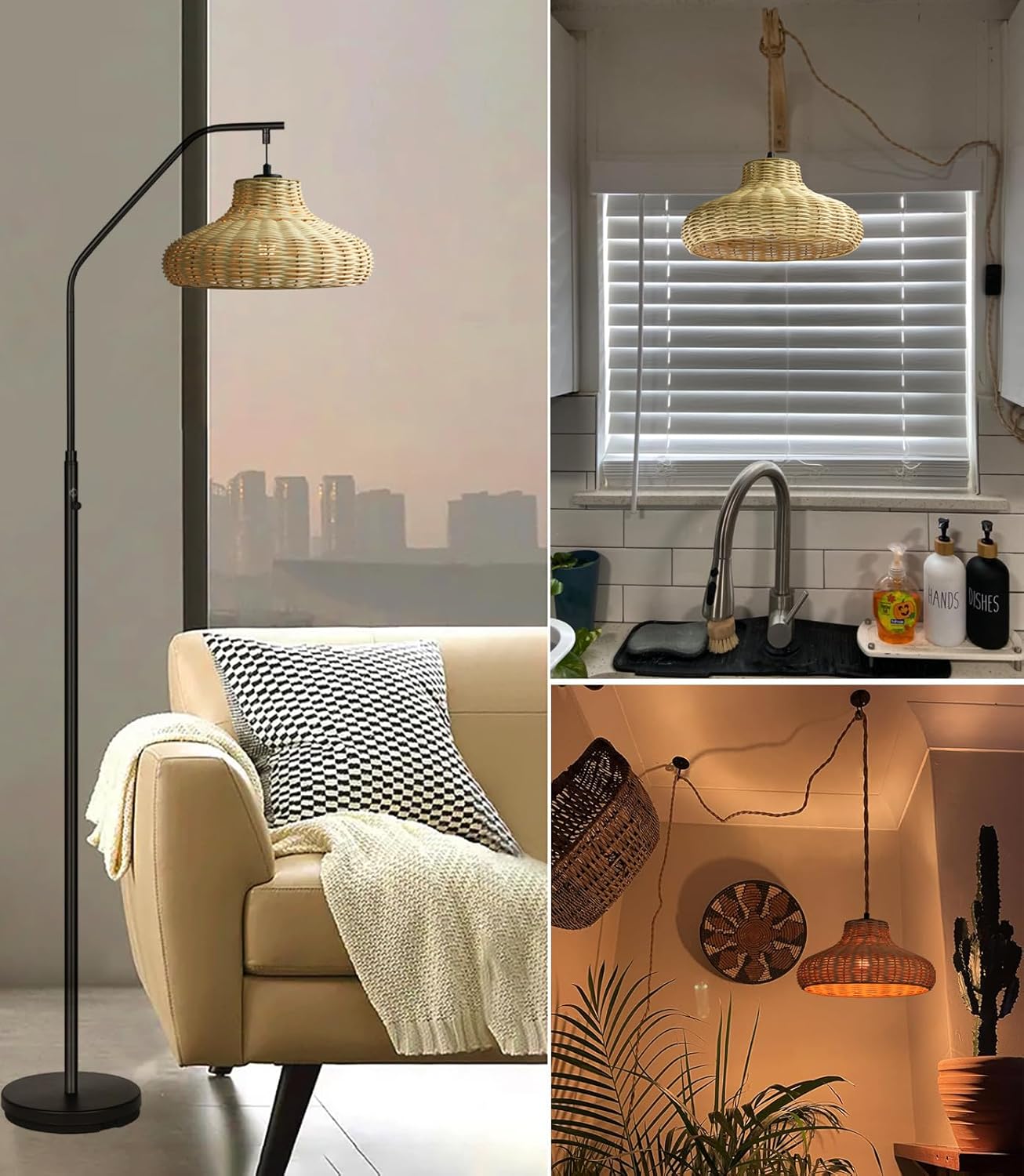 Woven-wicker Hanging Lamp shade,boho replacement lampshades, Chandelier/Ceiling/Table/floor lamps shades lamp covers,Chic rattan lampshade for Kitchen Island Bedroom Hallway, Cream