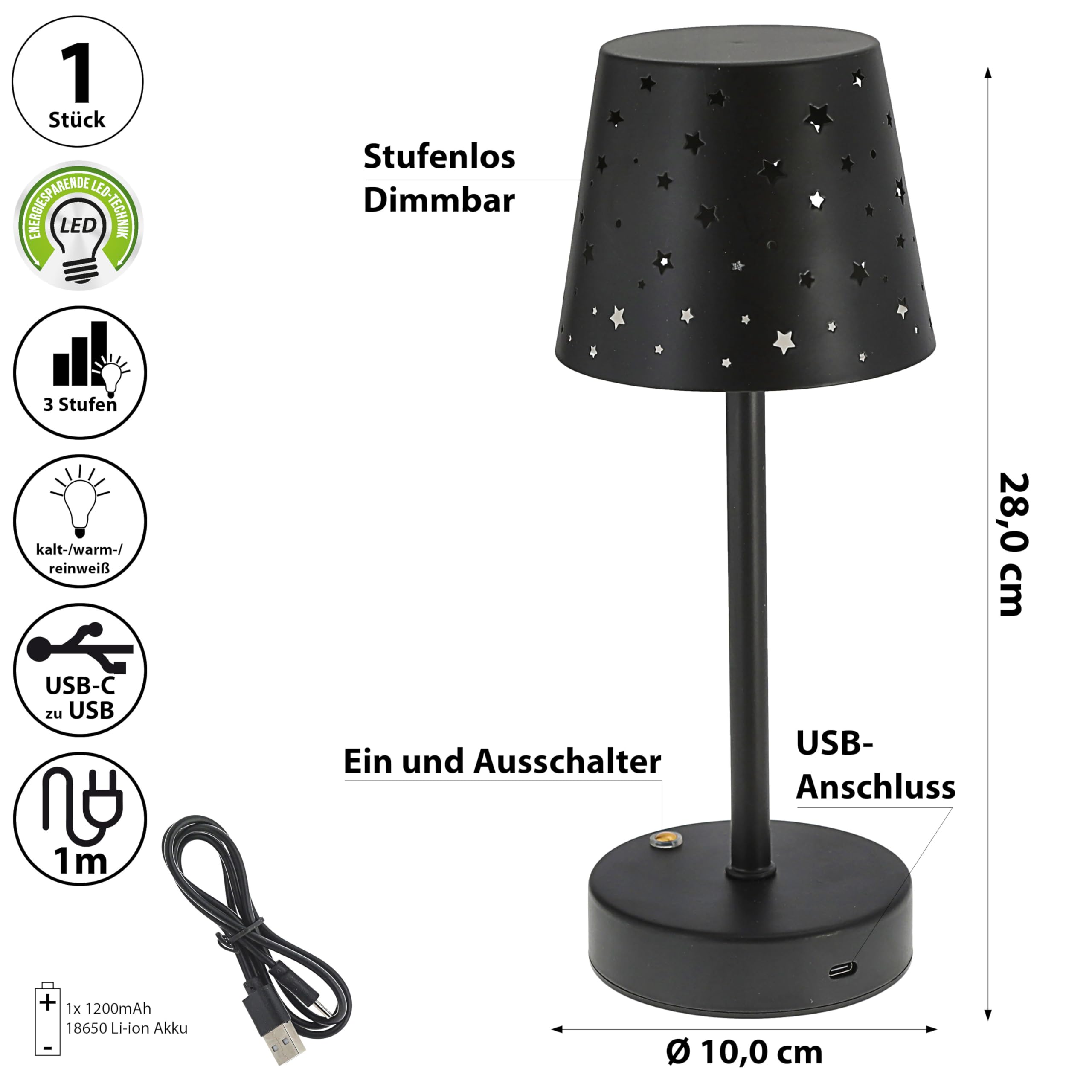 Cepewa Table Lamp Stars Die-Cut Touch Function Fully Dimmable 3 White Tones 10 x 28 cm Black 8 LEDs USB-C to USB Charging Cable (1 x Table Lamp Stars) - Image 2