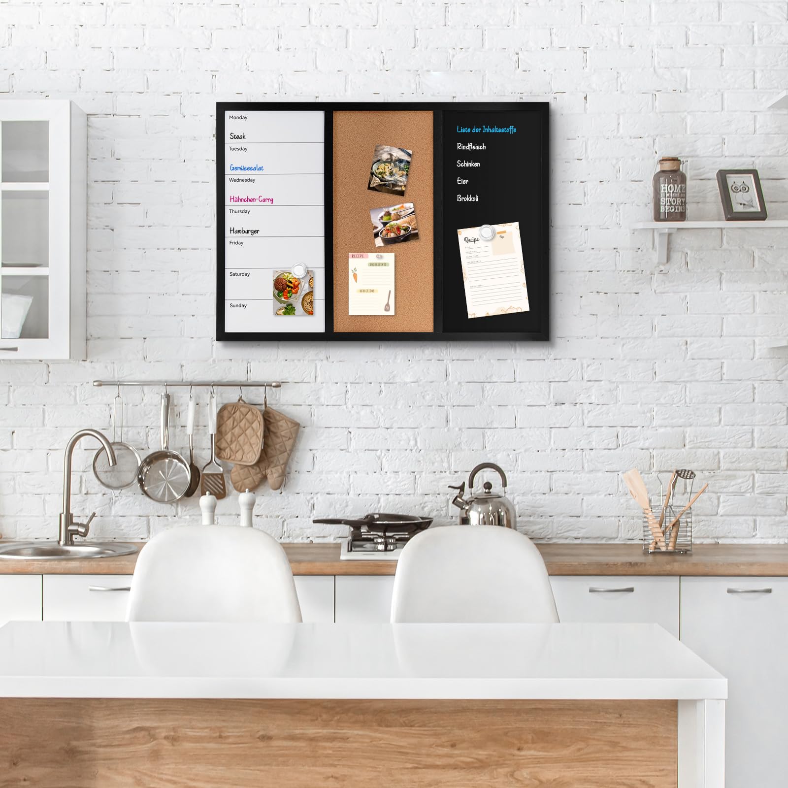 Kombitafel mit Magnetische Kreidetafel Whiteboard Kalender und Pinnwand Kork 50 x 70 cm Pinnwand Küche Magnettafel Memoboard