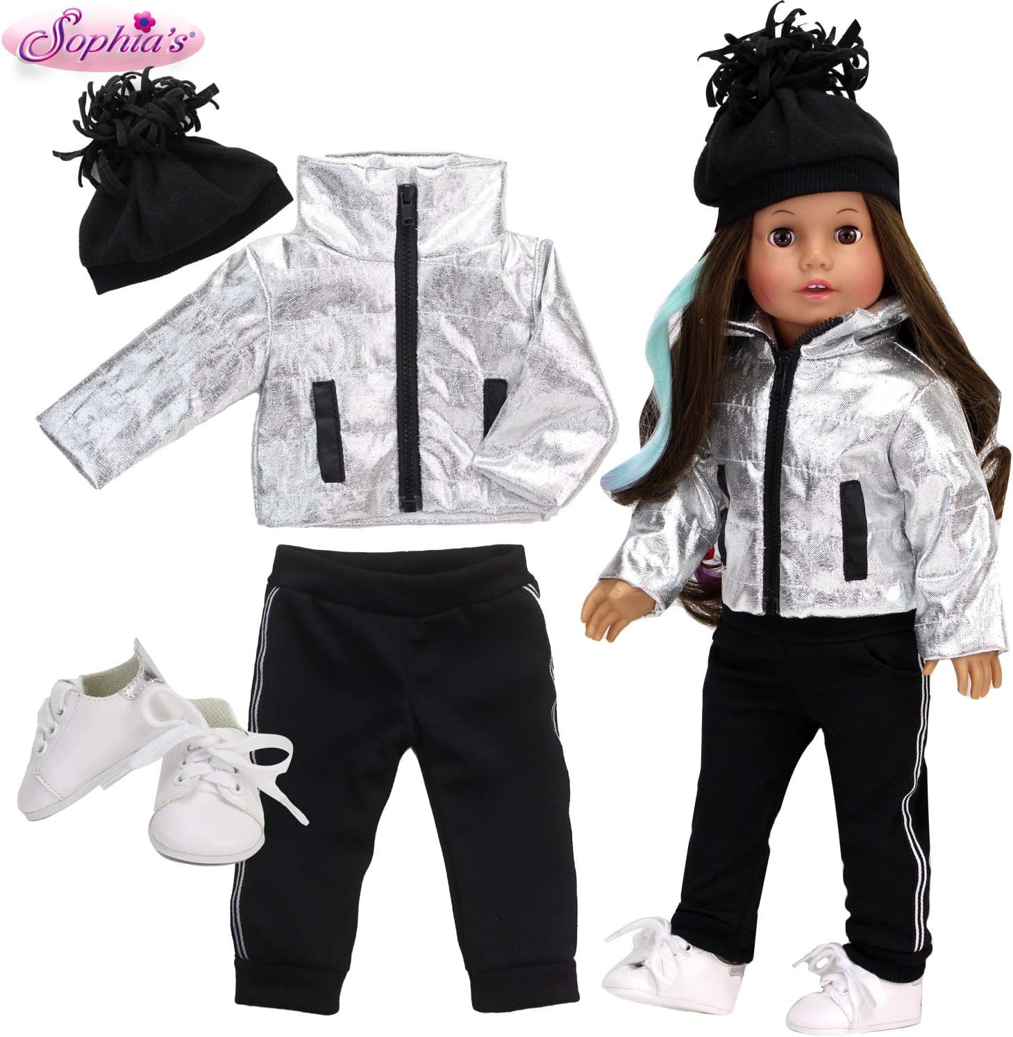 Sophia's 18" Doll Silver Metallic Jacket, Black Side Stripe Joggers, Knit Hat & Sneakers