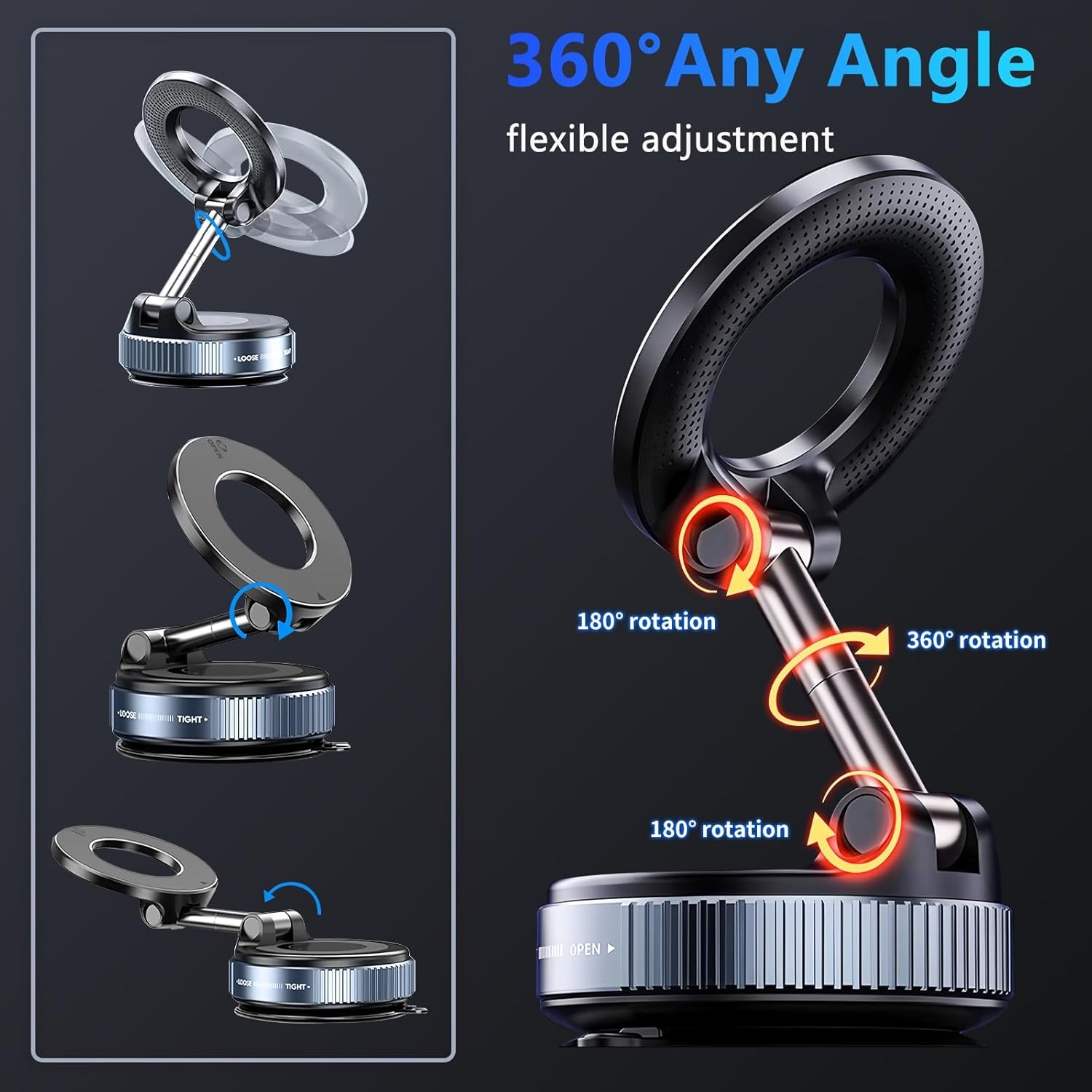 bokilino 360° Rotatable Magnetic Phone Holder with Vacuum Suction, Foldable Dashboard Mobile Stand for Car, Desk & Wall, Reusable Strong Suction Mount Compatible with iPhone & All Smartphones — Amazon image 3