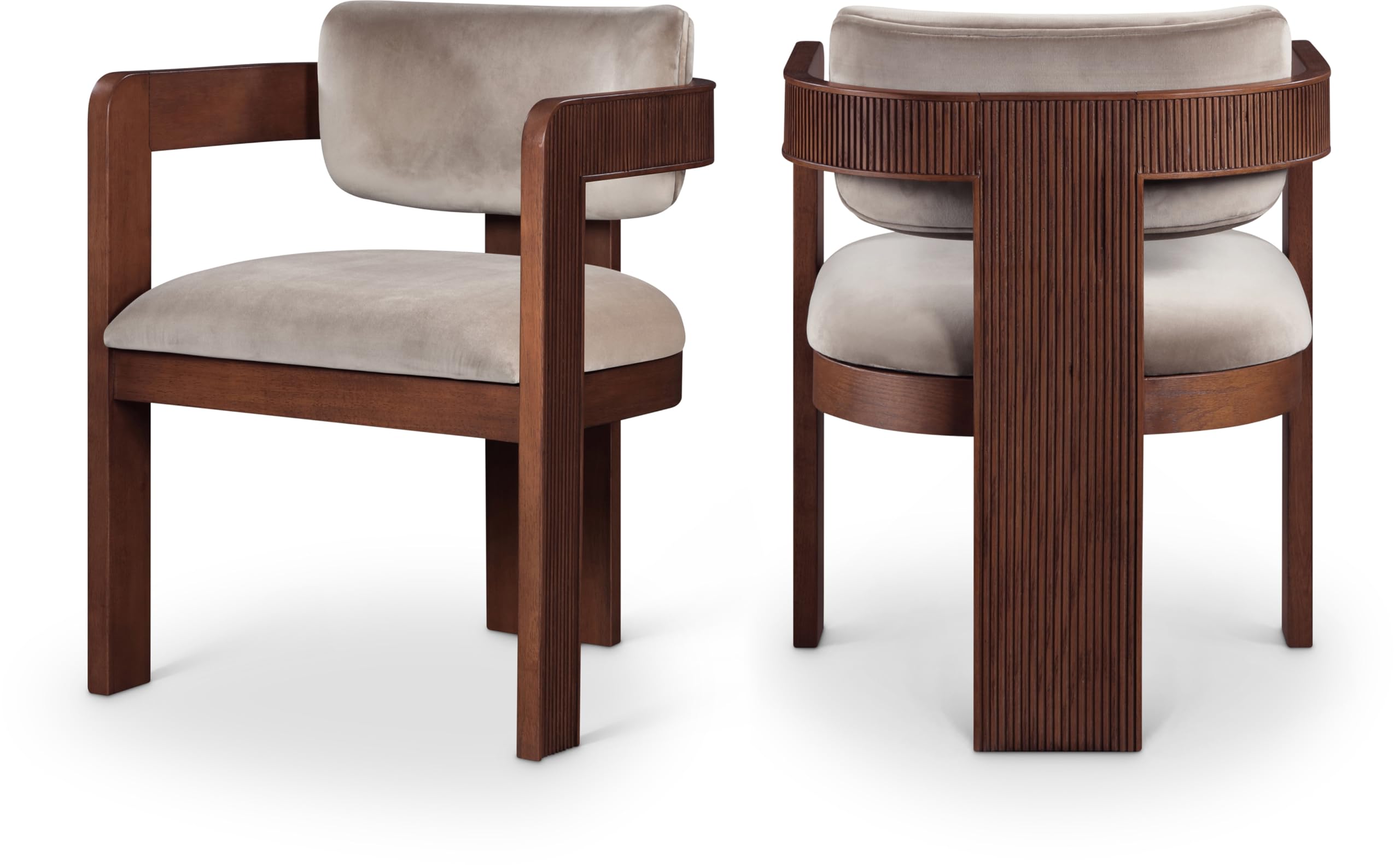 Photo 1 of ** dents/scrapes**Meridian Furniture Sacha Collection Art Deco Dining Chair, Solid Fluted Wood, 22.5" W x 22" D x 31" H, Set of 2 (Taupe, Brown Finish, Velvet)