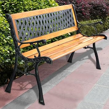 50 Outdoor Cast Iron Patio Bench, Outdoor Furniture Hardwood Frame Porch Loveseat, Porch Path Chair, Weather Proof, for 2 Person Outside Bench