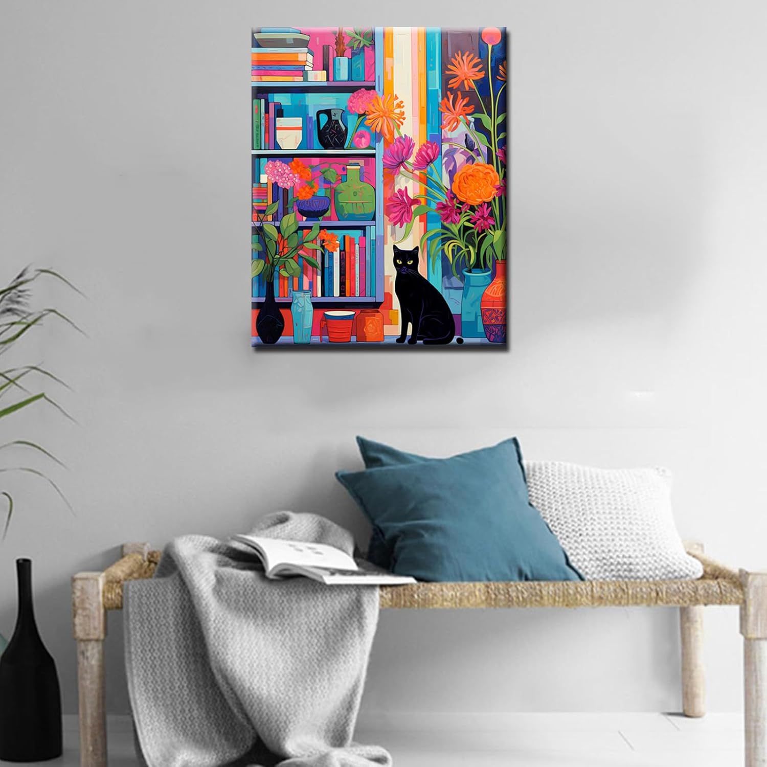 Aihonmin Lots of Colored Ceramic Vase in The Room Digital Painting Paint by Numbers Kit for Adults Acrylic Cute Black Cat Oil Painting Set Flowers Drawing Wall Decor 16x20in (DIY Frame)