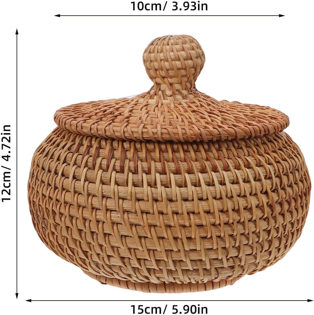 Abaodam Round Rattan Basket Box with Lid Handwoven Storage Basket Decorative Organizer for Shelves Bathroom Kitchen and Living Room Small Woven for Small Items 5.90 X 5.90 X 4.72 in