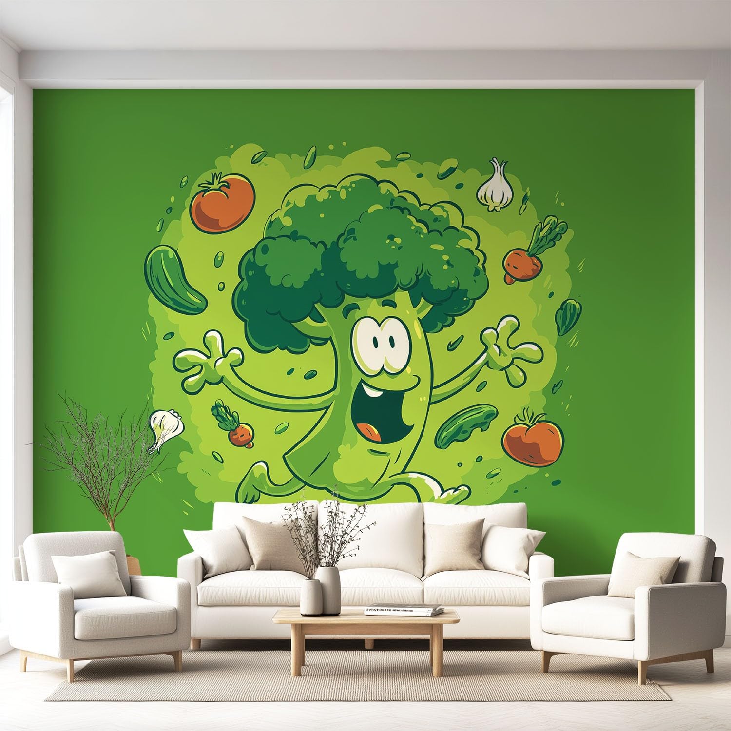 Wanddekoration Fototapete 350 x 256 cm, kindlich Cartoon lebhaft Brokkoli Gemüse Spiele, Wandtapete grün für Kinderzimmer Essbereich Küche, Vliestapete Wandbild als Wanddeko