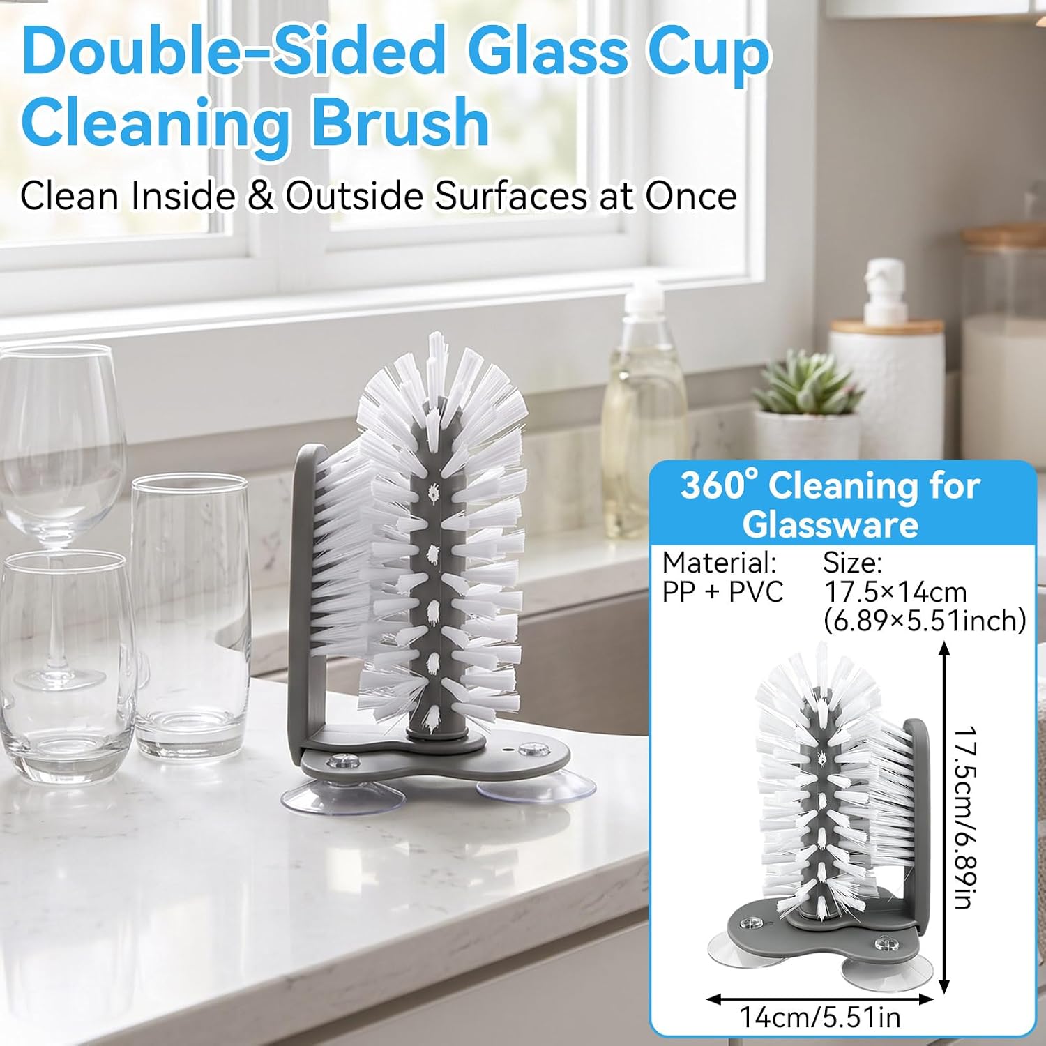 Suction Cup Bottle Brush, 2 in 1 Cup Washer Brush Water Bottle Cleaning Brush with Suction Base, Long Leg Cup Cleaner for Beer Cup, Red Wine Glass, 6.89x5.51 Inches