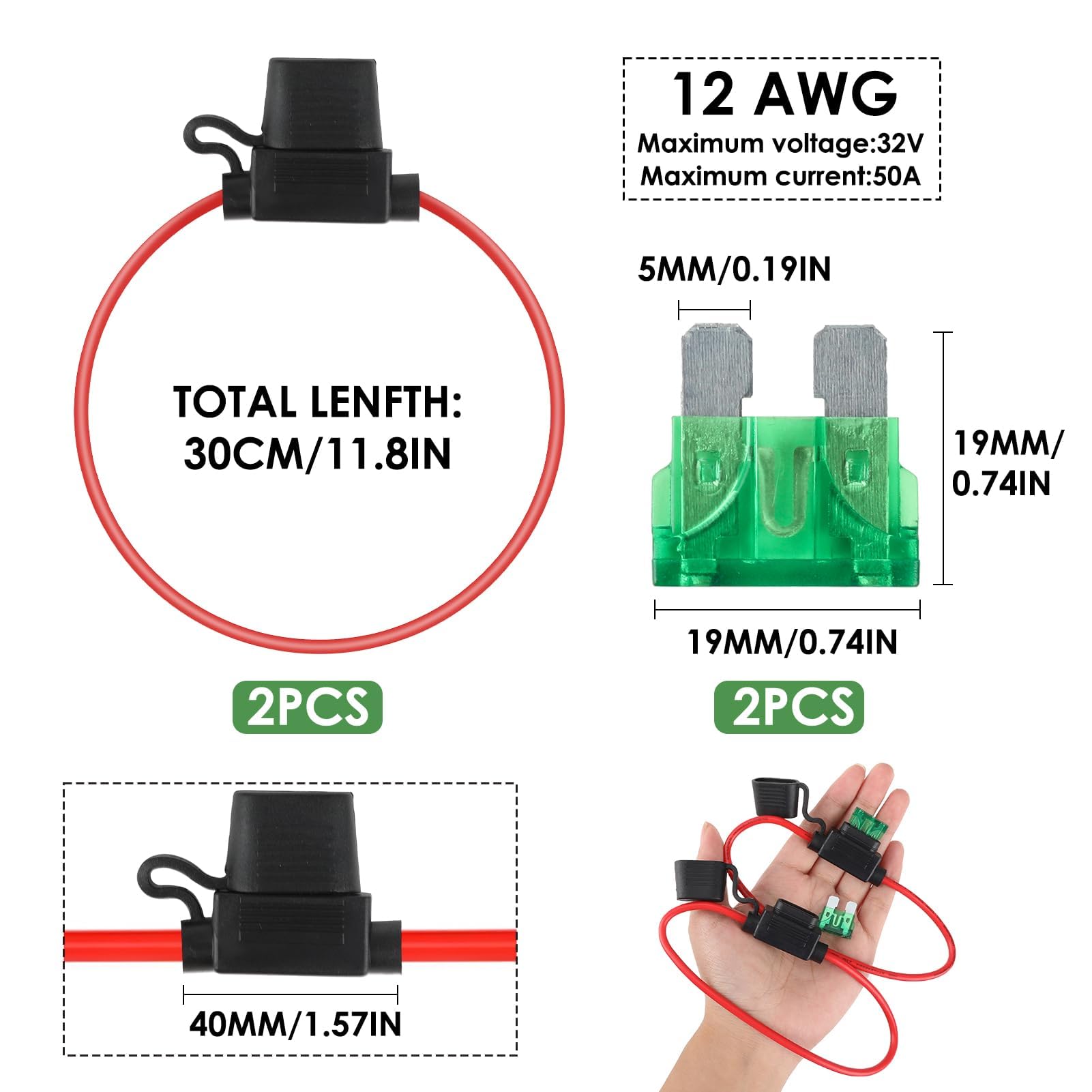 Inline Fuse Holder, 12 AWG Waterproof Blade Fuse Holders with Caps, Includes 30A Fuses, Copper Wire, Ideal for Car Truck - Image 2