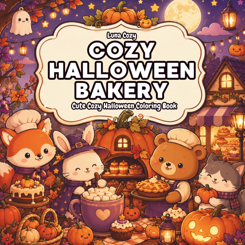 Cozy Halloween Coloring Book: Cute Spooky Bakery Scenes and Relaxing Autumn Coloring Pages with Kawaii Fantasy Characters