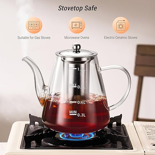 Miniatura 5 de PARACITY Estufa de vidrio de 41 onzas40.6 fl oz, tetera con infusor de acero inoxidable extraíble, hervidor de té transparente de borosilicato con