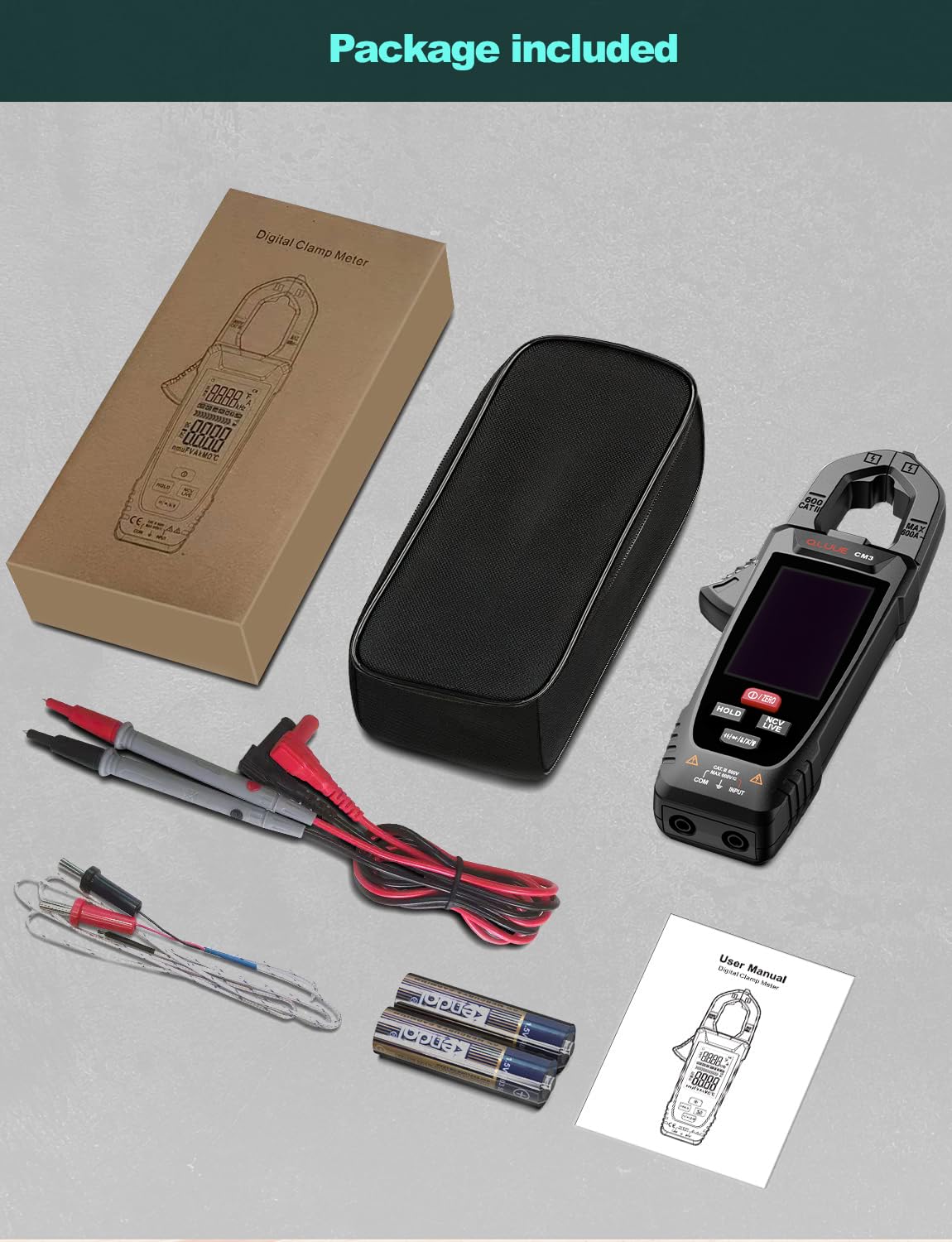 Clamp Medidor de tensión, multímetro CA/CC, prueba de voltaje con comprobador automático NCV, medición de corriente, temperatura, capacidad, resistencia, continuidad