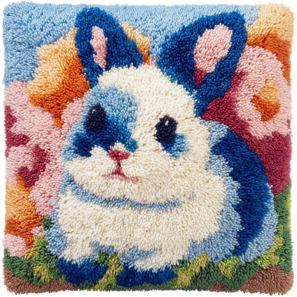 Taxpy Latch Hook Cushion Kits, Rabbits and Flowers Pillow Case Rug Cover DIY Needlework Embroidery Kits Handmade Cushion Kit 43x43cm