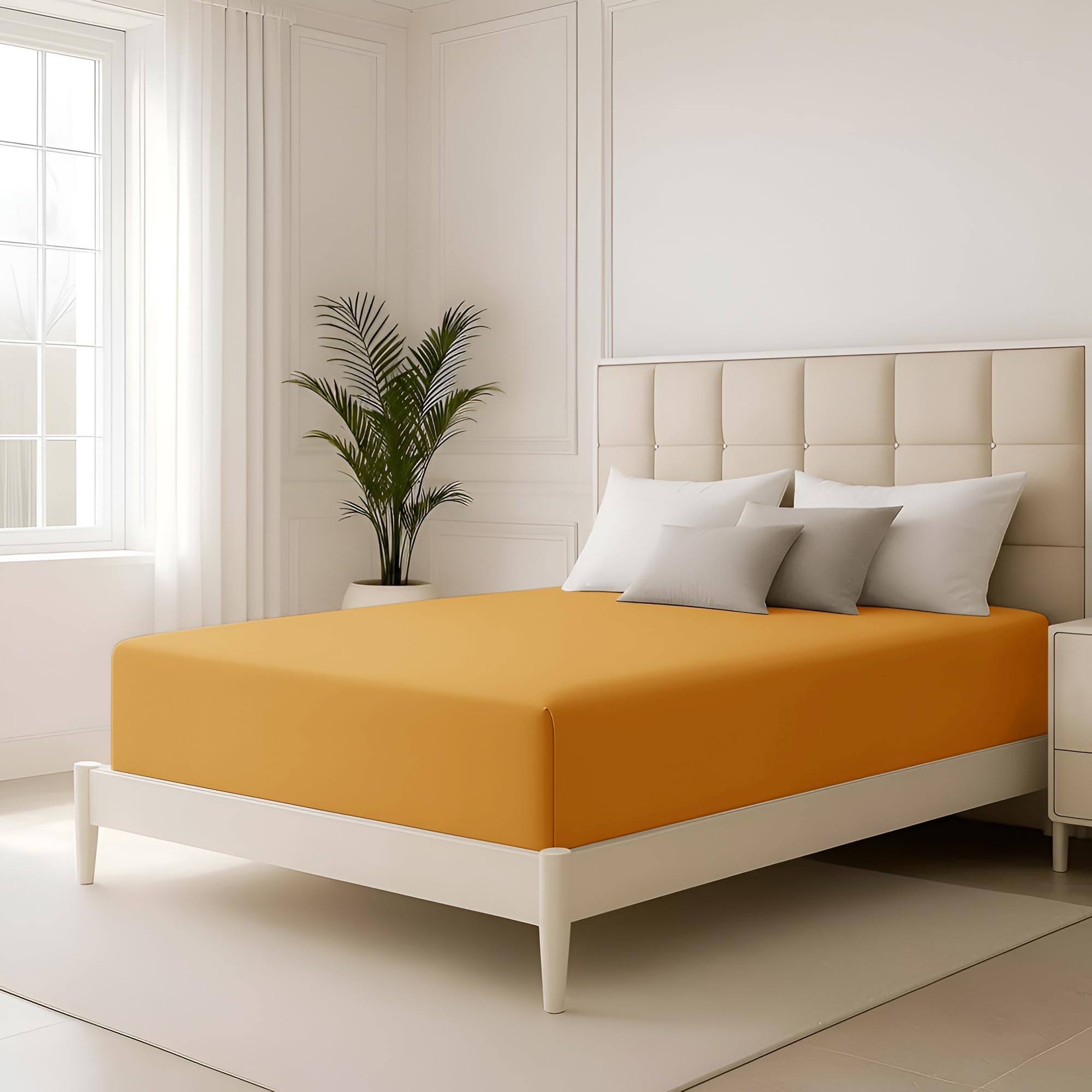 Hafaa Ochre Double Fitted Sheet 40 Cm Extra Deep Pocket Bed Sheets Brushed Microfiber Breathable Shrinkage Fade-Resistant Bedsheets Bedding