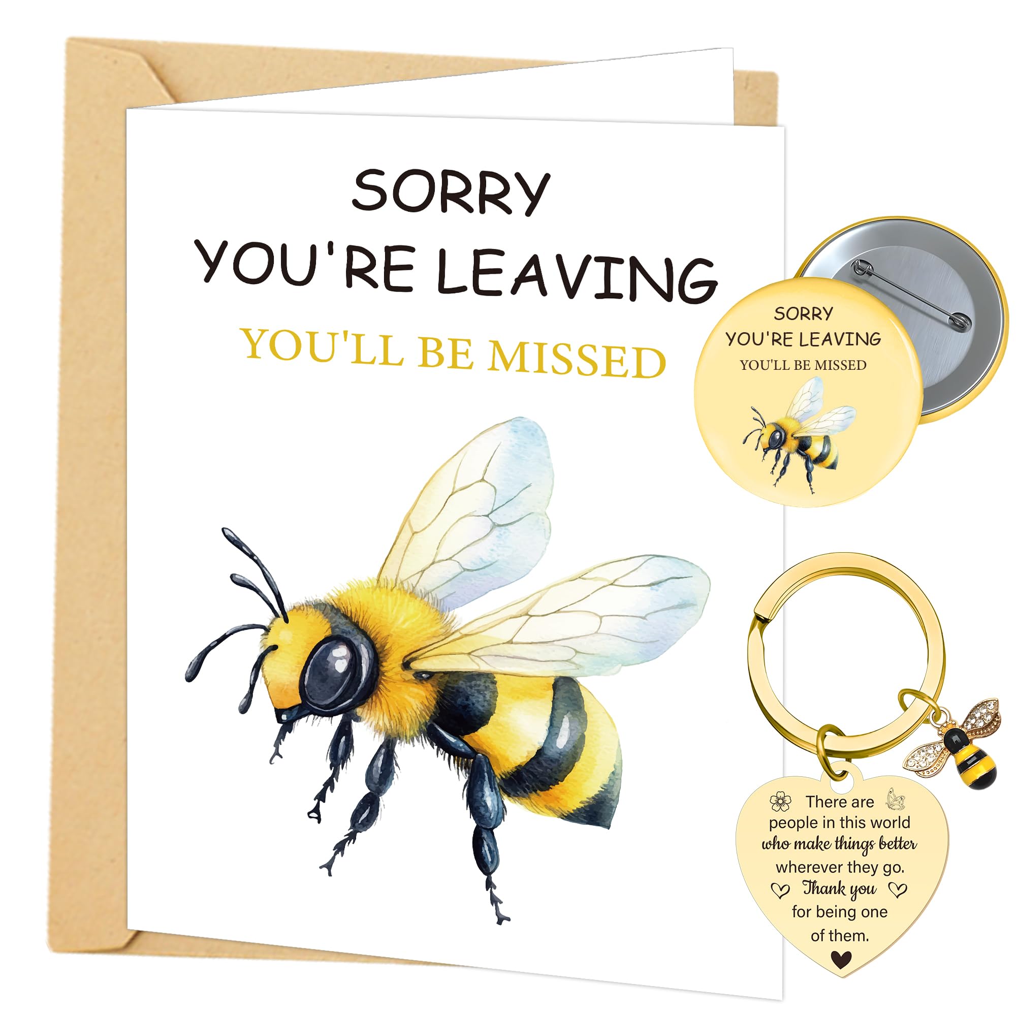 Yiiyyuuko Leaving Card Keychain Gifts Women - Sorry Your Leaving Cards Keyring Bee Charm Envelope Badge for Colleagues Workers Men Women Thank You Greeting Card New Job Retirement Gift