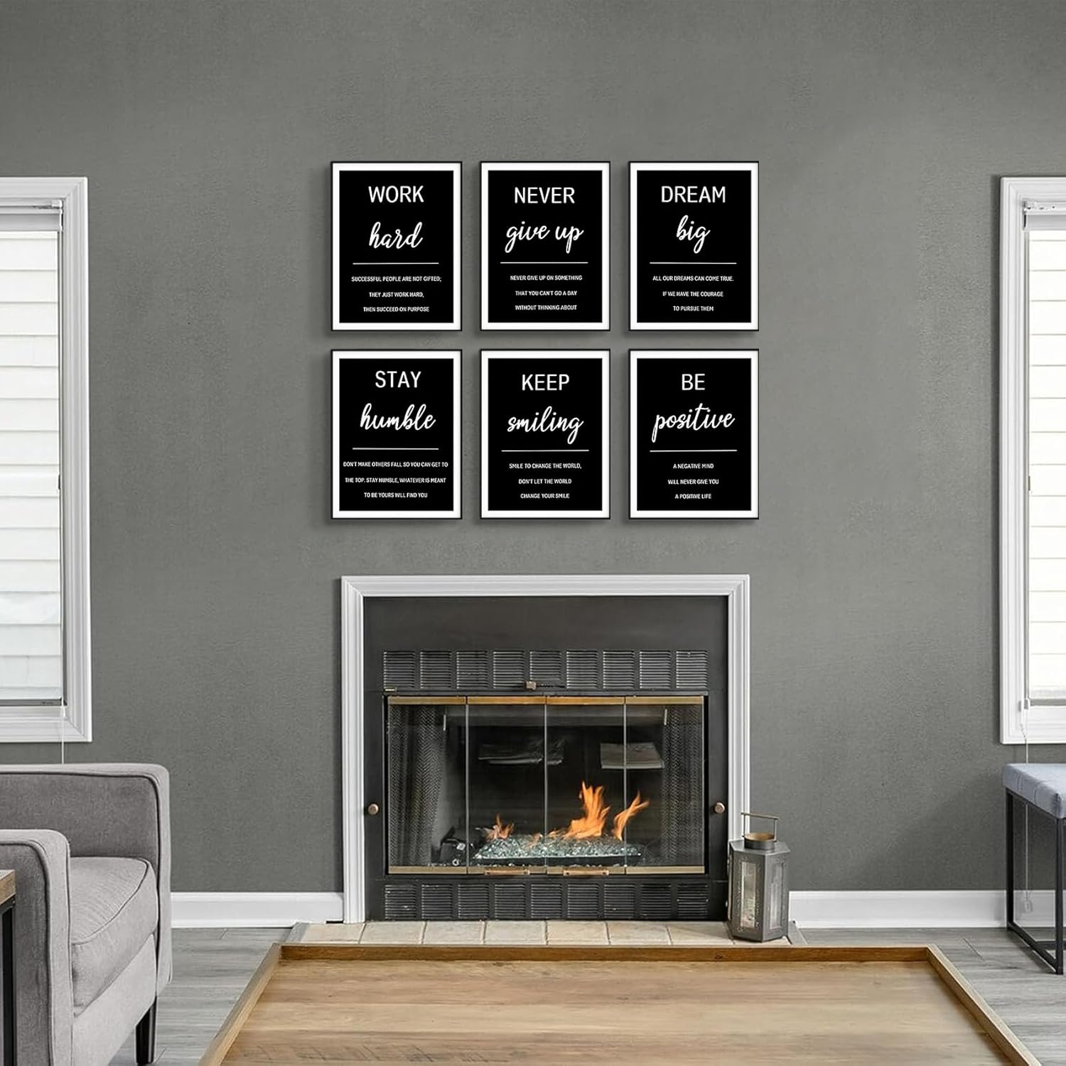 Motivational Quotes Wall Art Set,6 Piece Office Inspirational Wall Decor,Black and White Positive Quotes Canvas Prints,Work Hard,Never Give Up Painting for Office Bedroom Living Room 12x16in Posters