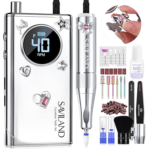 SAVILAND Electric Nail Drill Professional: 2024 Pro Future Tech 40000RPM Nail Drill Kit E File for Acrylic Nails Gel Polish Rechargeable 6000mAh Portable Nail Filer Drill Bits Salon