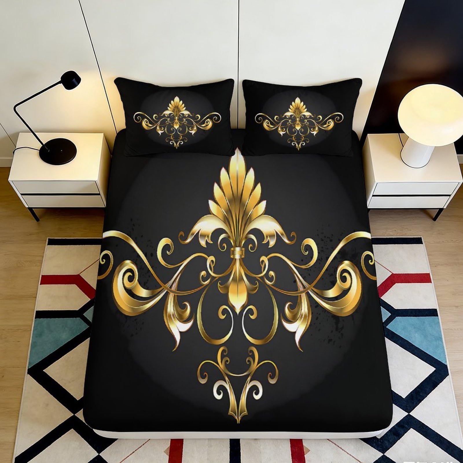 3D Printed Baroque Gold Fitted Sheet Microfiber Soft Black Ornamental Mattress Cover for Bedroom Guestroom Decor 90x200x25cm