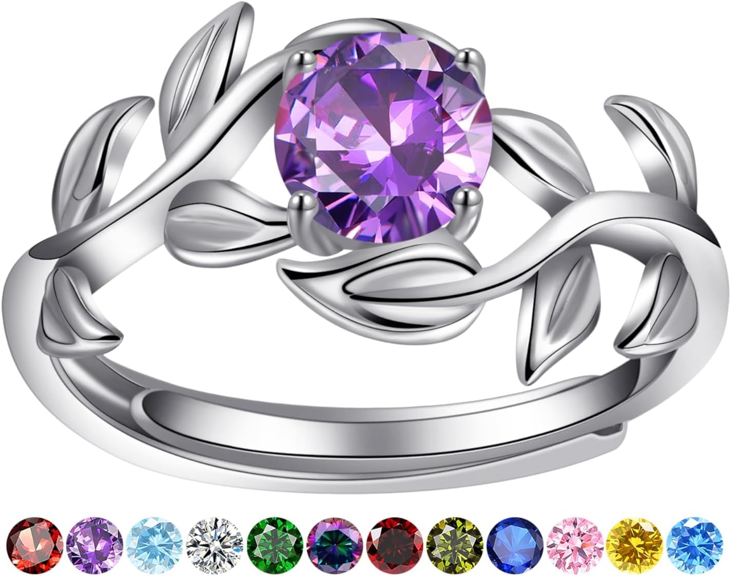 Yaresul 0.8CT Adjustable Women Leaf Ring, 12-Month Birthstone Rings for Women 6mm Round-Cut Simulated Gemstone Statement Engagement Stackable Ring, White Gold, Open Size 5-9