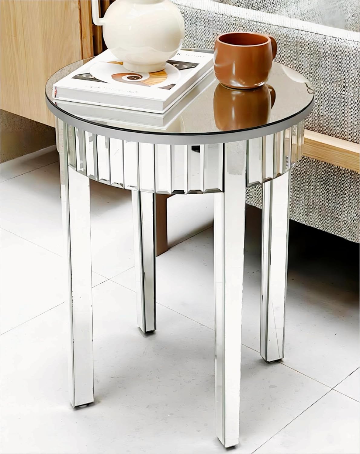 Mirrored End Table Nightstand Round Beveled Glass Top 17.7 inch Silver