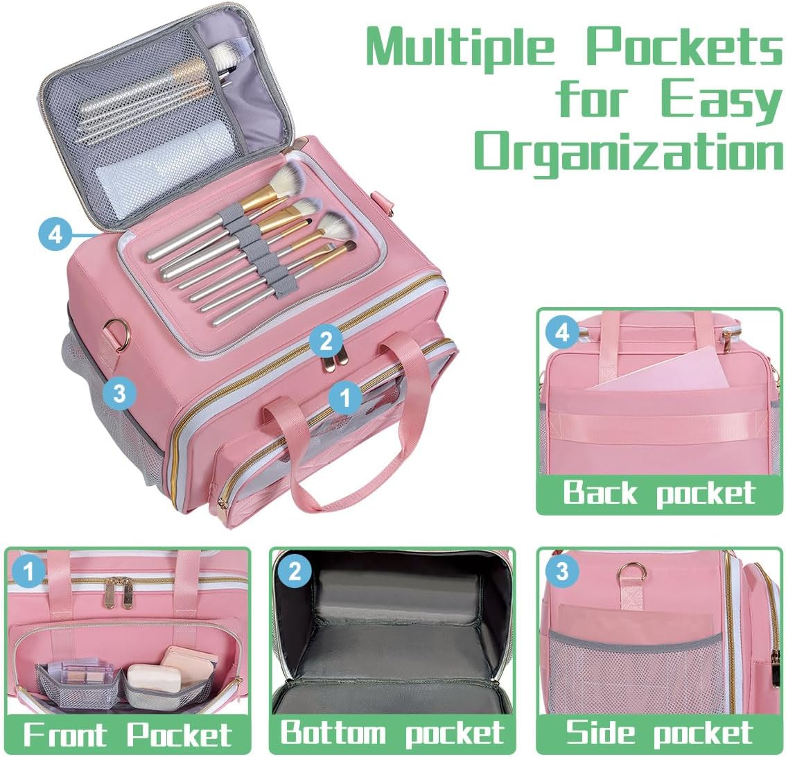 Large Makeup Bag, Travel Toiletry Bag with Zipper, Multifunctional Compartments Cosmetics Bag, for Toiletries, Cosmetics, Brushes & Beauty Tools (Pink) - Image 3