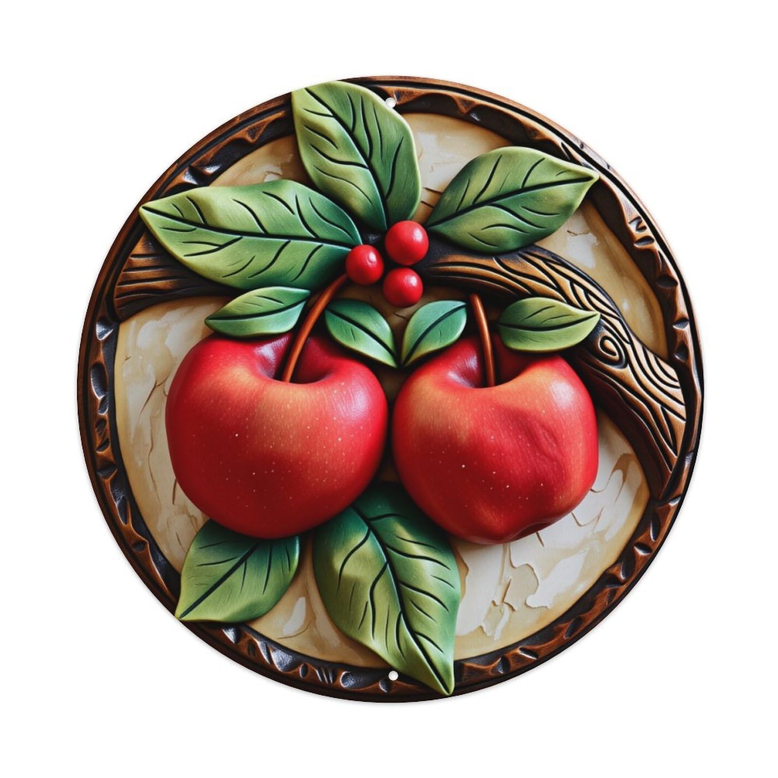 Apple Leaves Berries Branch Plate Metal Tin Sign Vintage Garden Bedroom Cafe Bar Man Cave Home Wall Decor Metal Poster 8x8 inches